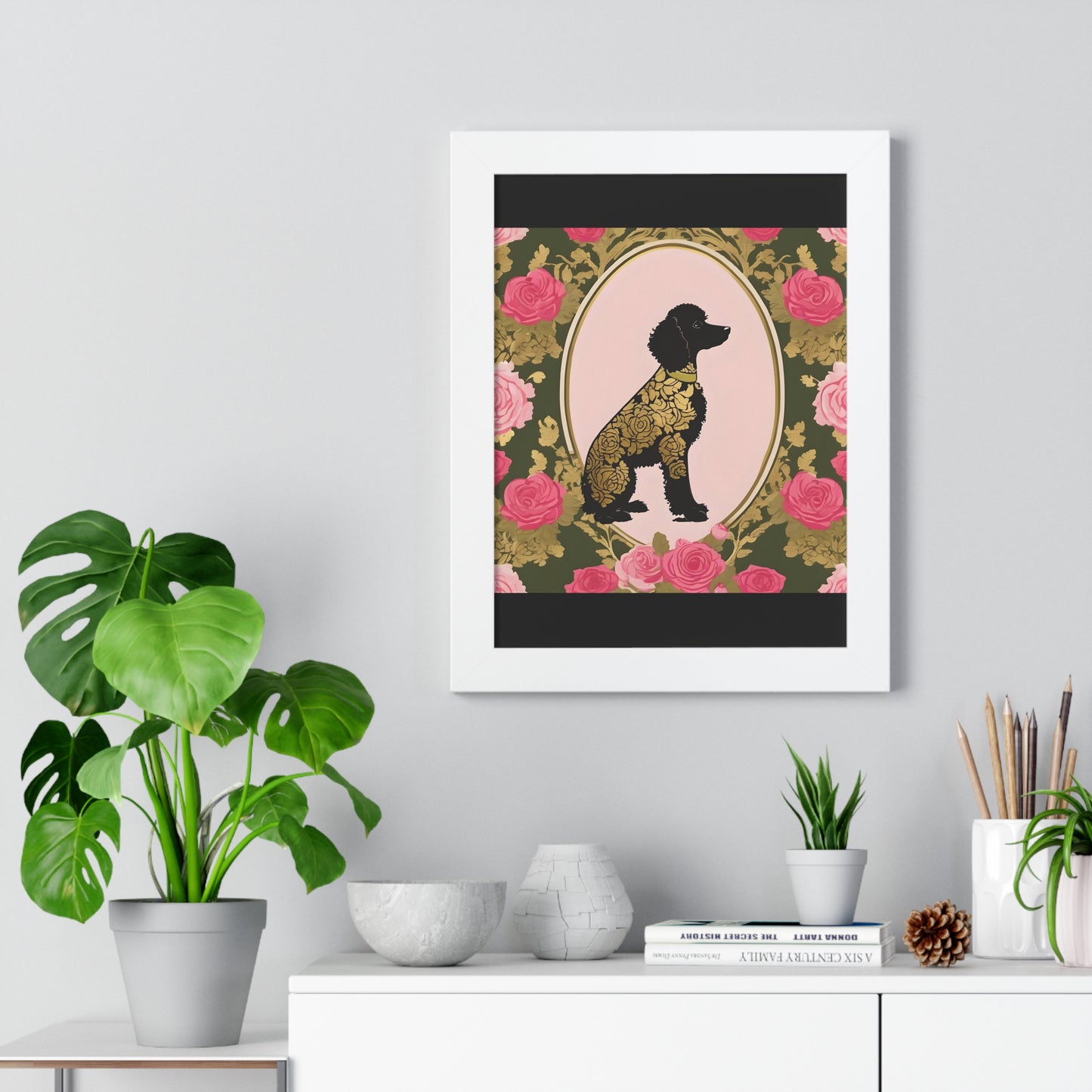 Vertical Poster - Stylish Framed - Art for Home Decor - Damask Black & Gold Poodle in Olive & Pink Roses