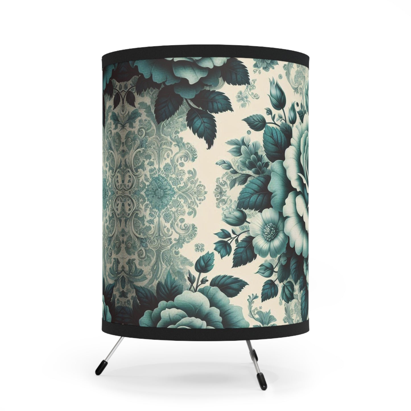 Elegant Tripod Lamp with Vintage Floral Print Shade - High-Res Home Accent - Teal Roses & Damask
