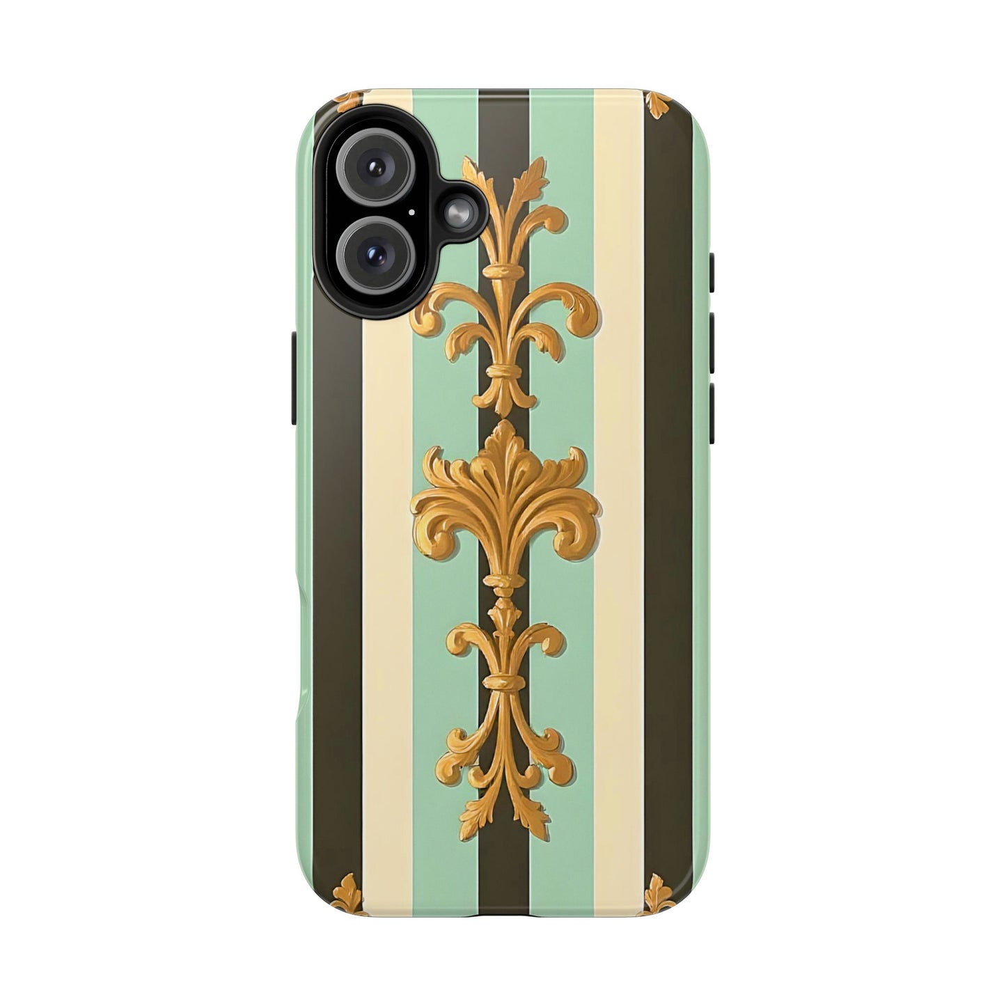 Elegant Floral Tough Phone Cases - Stylish Protection for All Occasions, Gifts for Her, Phone Covers - Black & Matte Mint Striped Rococo