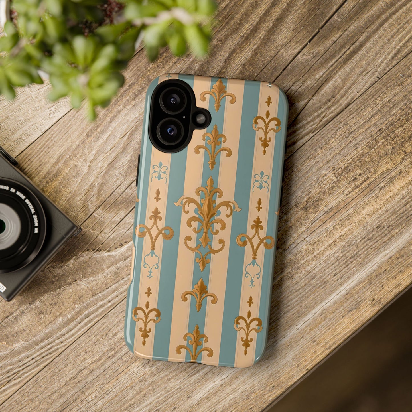 Elegant Floral Motif Phone Case - Tough Cases with Vintage Design -  Beige & Sky Blue Striped Gold Damask