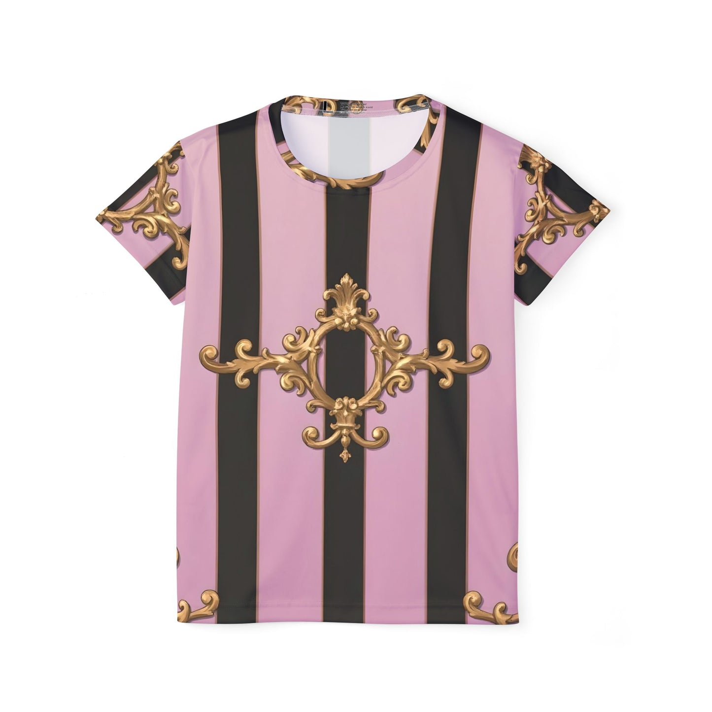 Elegant Women's Sports Jersey - Stylish Athletic Shirt, Trendy Activewear, Fashion Tee for Sports Lovers - Matte Lavender & Black Striped Gold Baroque