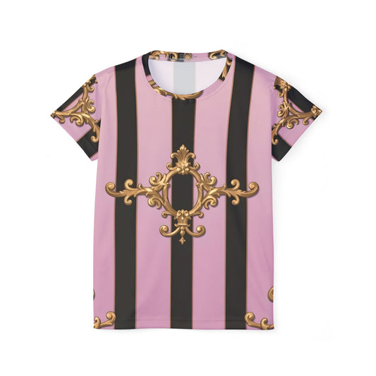 Elegant Women's Sports Jersey - Stylish Athletic Shirt, Trendy Activewear, Fashion Tee for Sports Lovers - Matte Lavender & Black Striped Gold Baroque