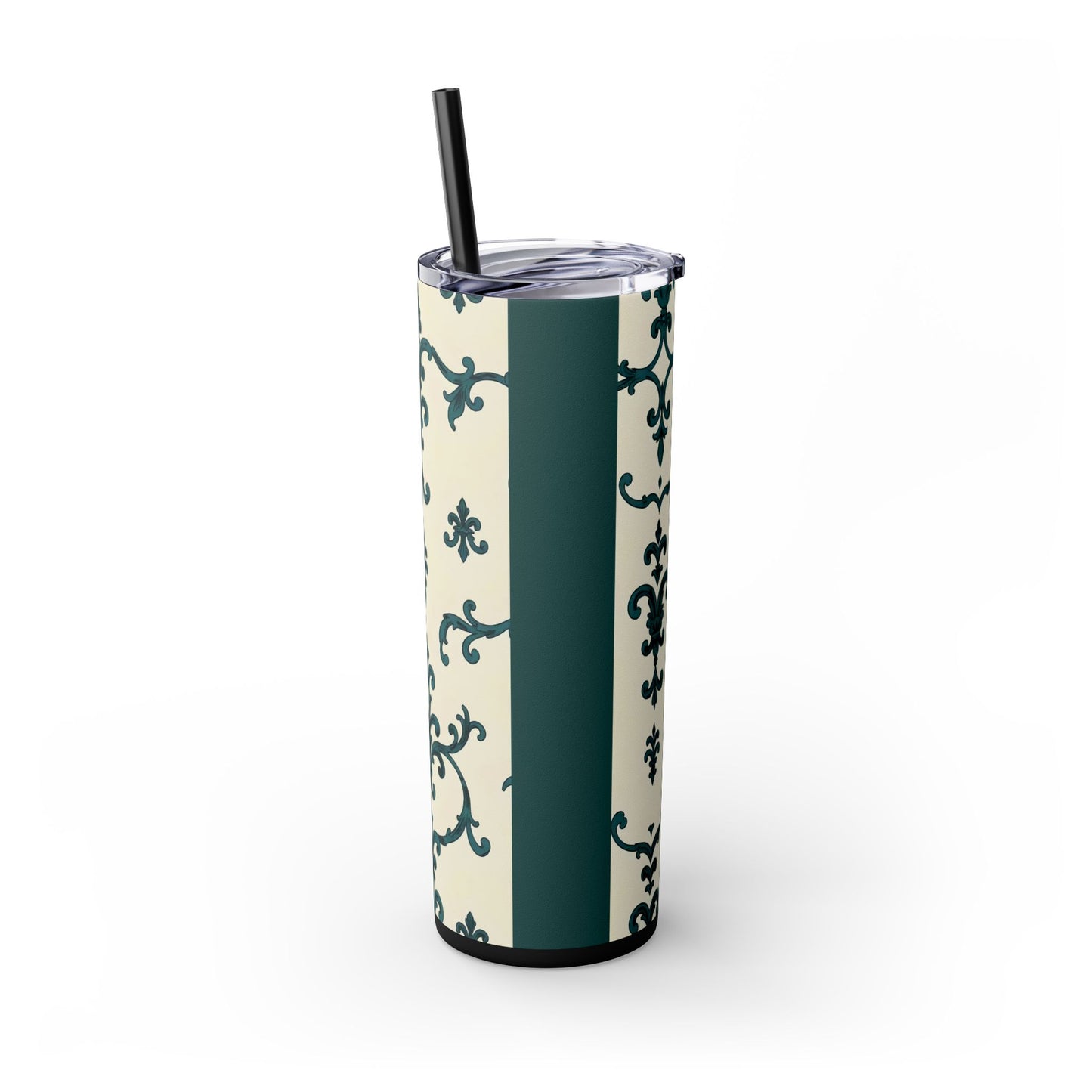 Elegant Floral Skinny Tumbler, 20oz - Stylish Travel Mug for Home, Coffee Lover Gift, Eco-Friendly Drinkware, Party Favor - Teal Striped Rococo