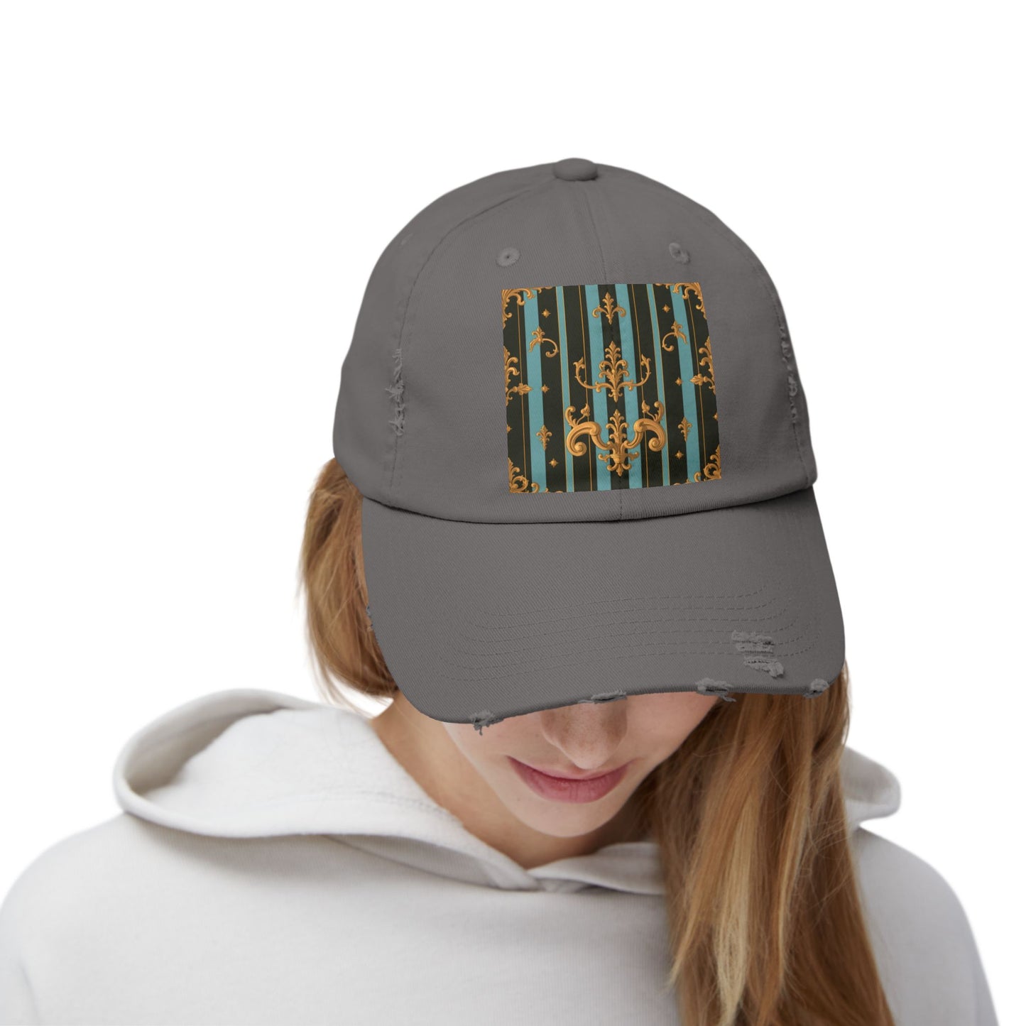 Vintage-Inspired Unisex Distressed Cap with Elegant Stripes and Ornate Design, Casual Hat for Fashion Lovers - Black & Turquoise Striped Baroque