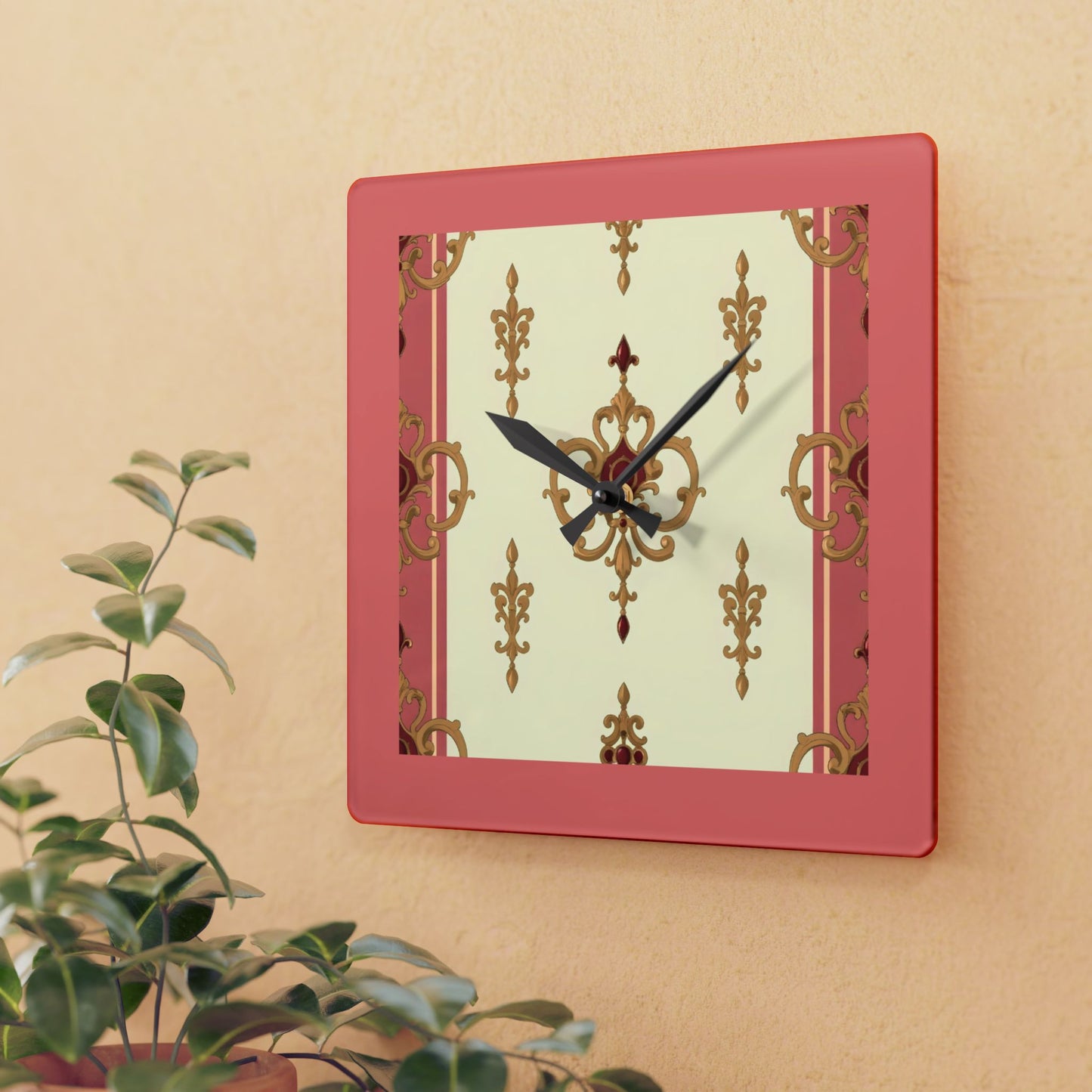 Bohemian Damask-Inspired Acrylic Wall Clock with Floral Design -  Mauve & Gold Design