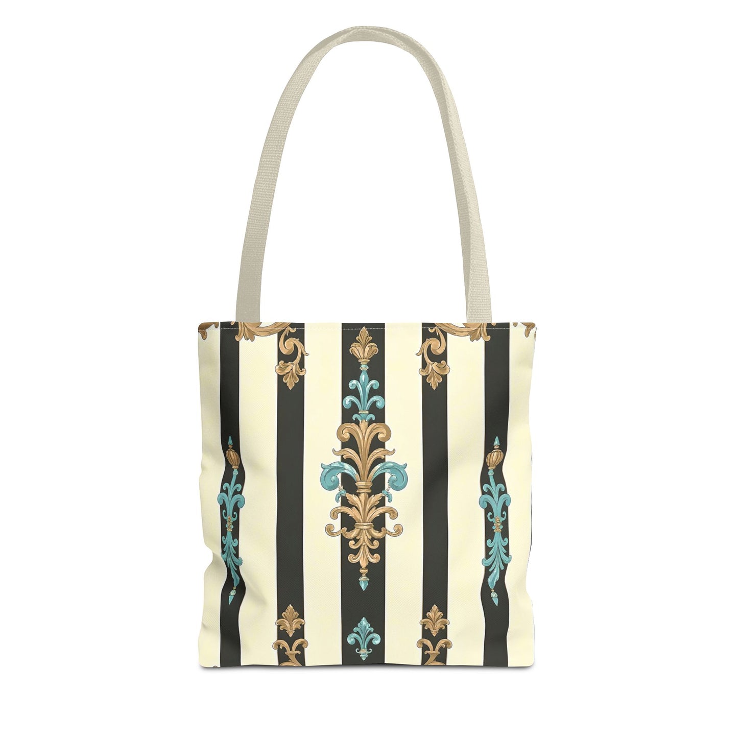 Elegant Stripe Pattern Tote Bag | Fashionable Reusable Shopping Tote, Eco-Friendly Gift Bag - Black Striped Turquoise & Black Rococo