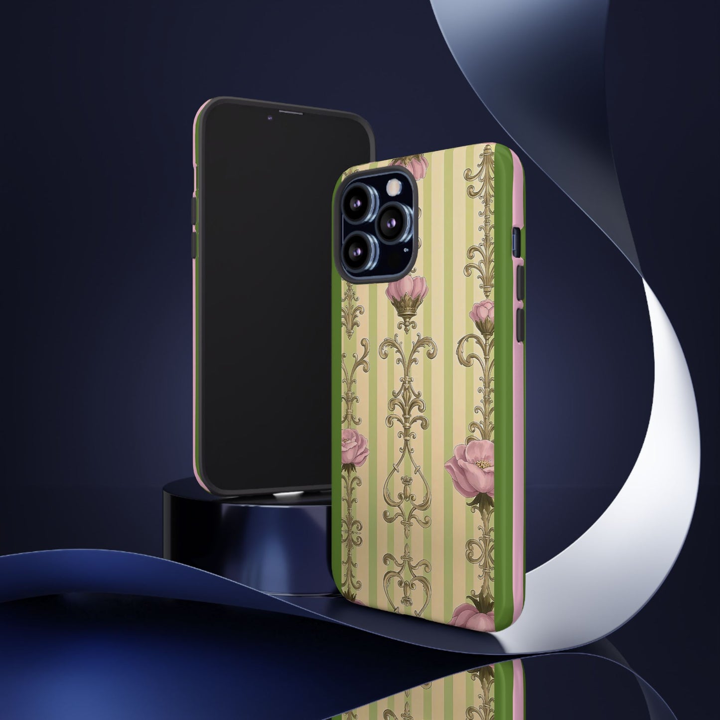 Elegant Floral Motif Phone Case - Tough Cases with Vintage Design - Lime Green & Pink Striped Damask