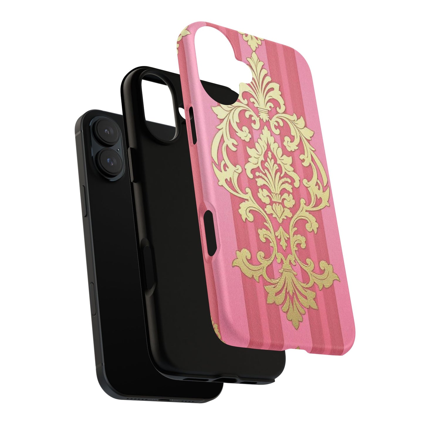 Elegant Floral Motif Phone Case - Tough Cases with Vintage Design - Pink Striped Damask