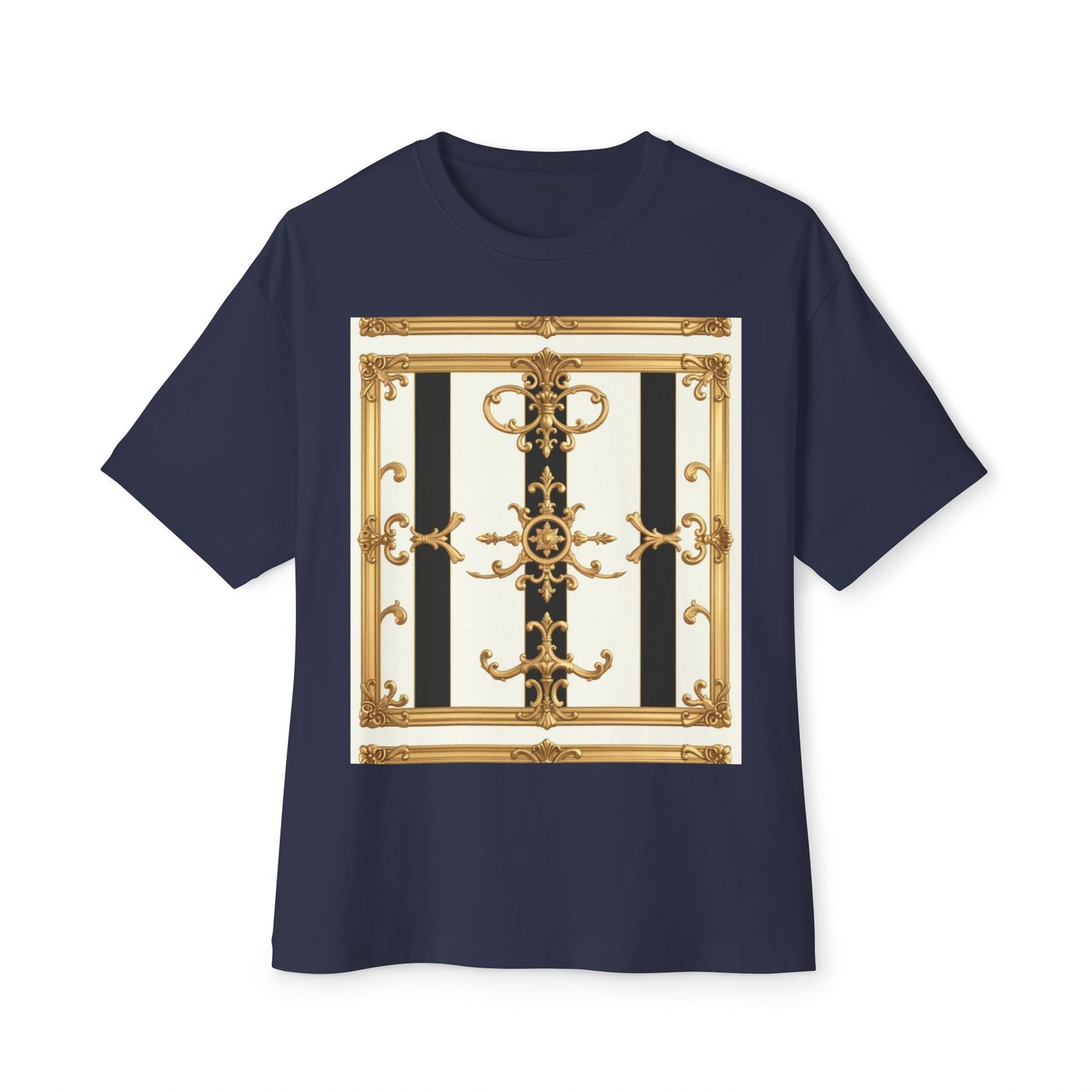 Chic Oversized Boxy Tee with Elegant Gold Design, Fashion T-Shirt, Streetwear Top, Casual Wear - Black & White Striped Gold Baroque
