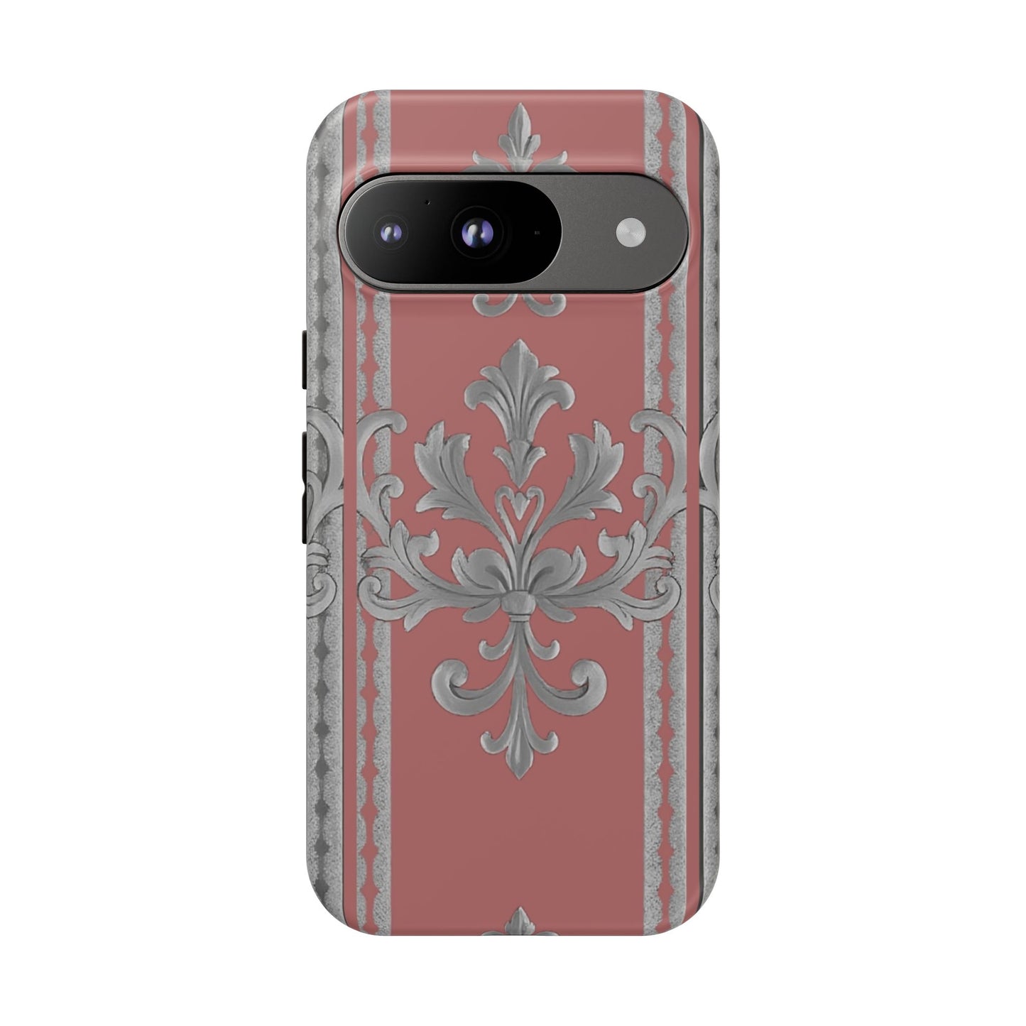 Elegant Floral Phone Case - Tough Cases for Stylish Protection - Gray & Mauve Striped Baroque