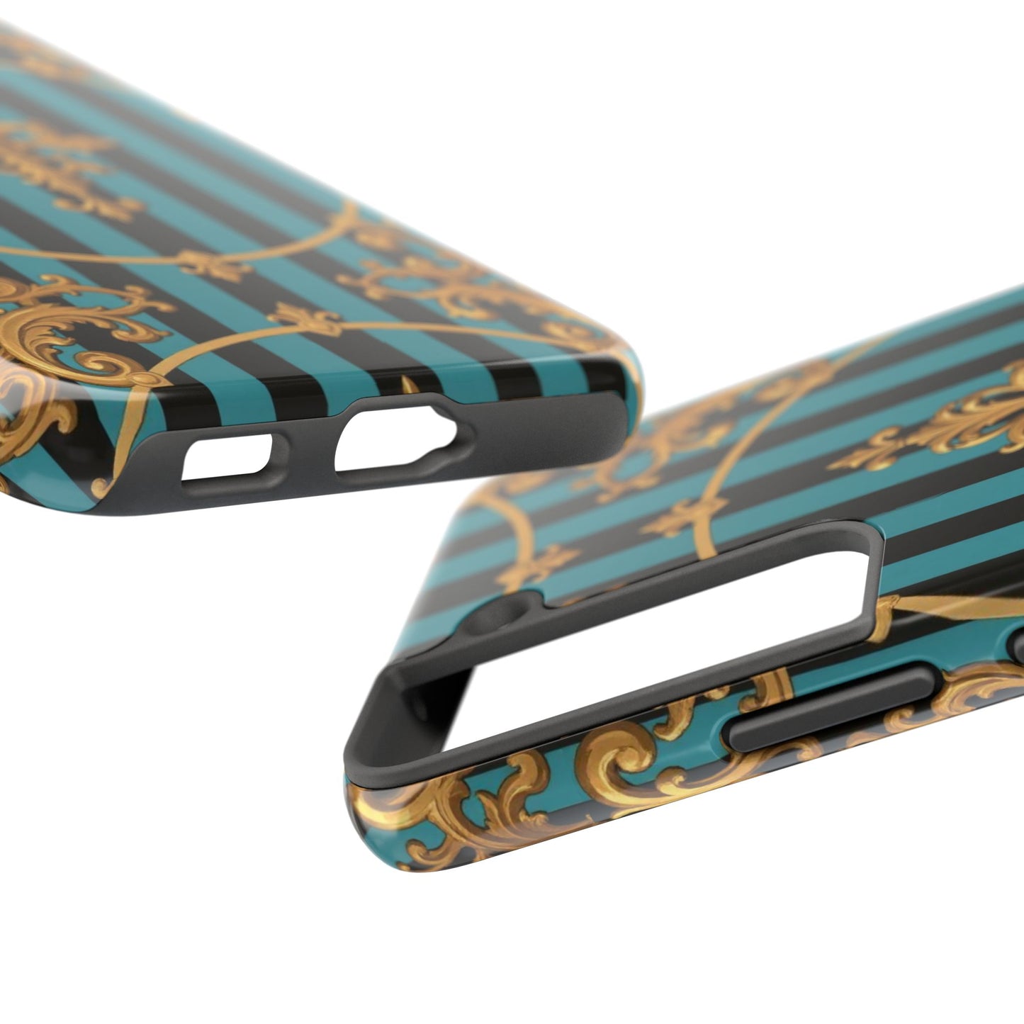 Elegant Turquoise & Black Striped Gold Baroque Phone Case, Tough Phone Cases for Fashion Lovers, Gift for Her, Luxury Accessories