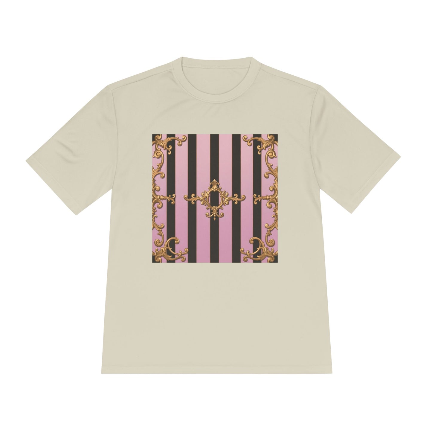 Elegant Striped Unisex Moisture Wicking Tee, Stylish Workout T-Shirt, Fashionable Athletic Top - Matte Lavender & Black Striped Gold Baroque