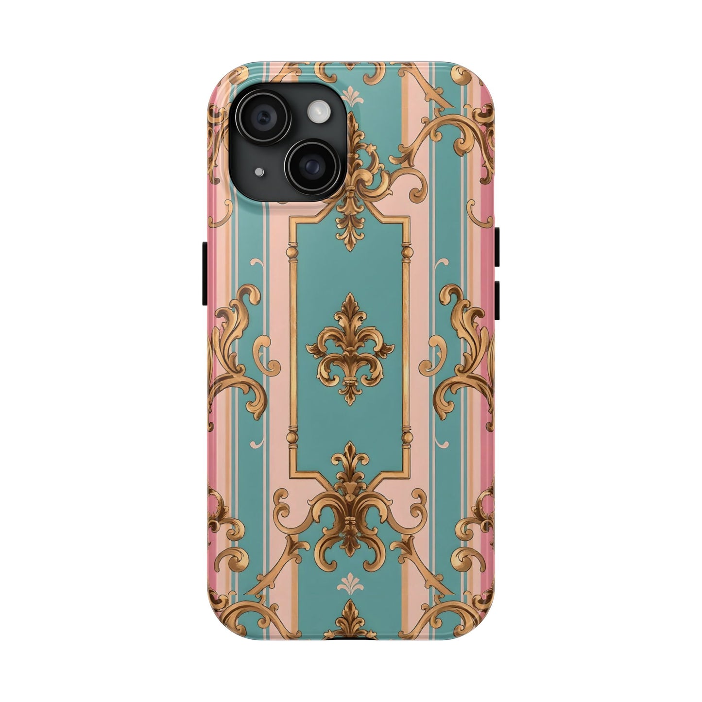 Elegant Floral Tough Phone Case, Artistic Phone Cover, Gift for Her, Chic Phone Accessory - Pink & Matte Turquoise Striped Rococo