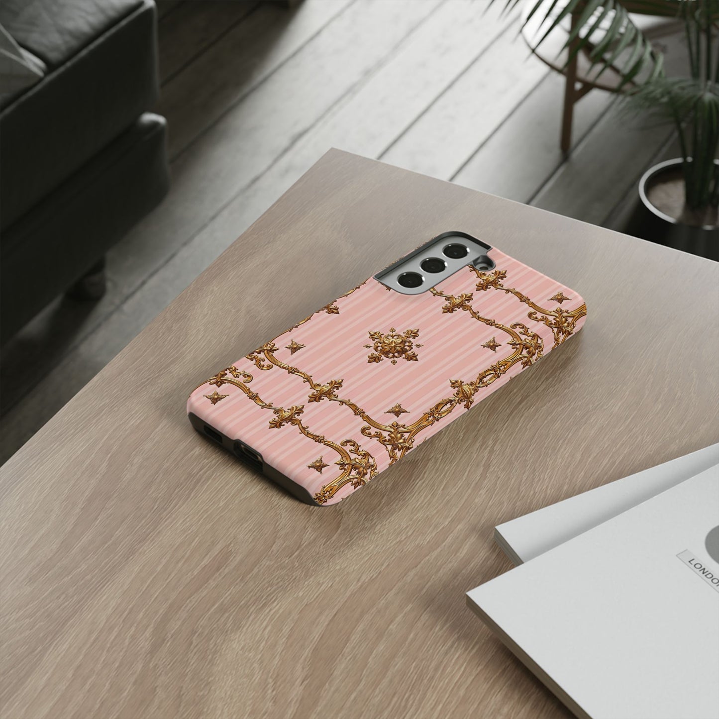 Elegant Floral Phone Case, Tough Cases for Women, Trendy Phone Cover, Chic Gift - Pink Striped Gold Baroque