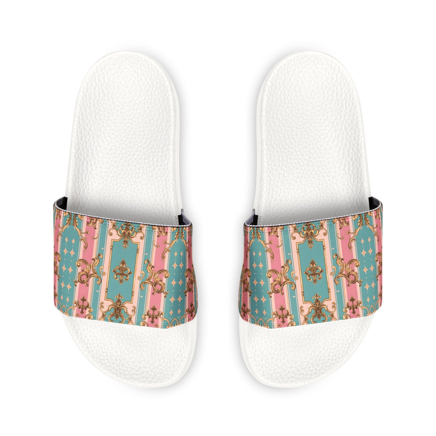 Stylish Women's Removable-Strap Sandals, Trendy Summer Footwear, Comfortable Beach Slides - Pink & Matte Turquoise Striped Rococo