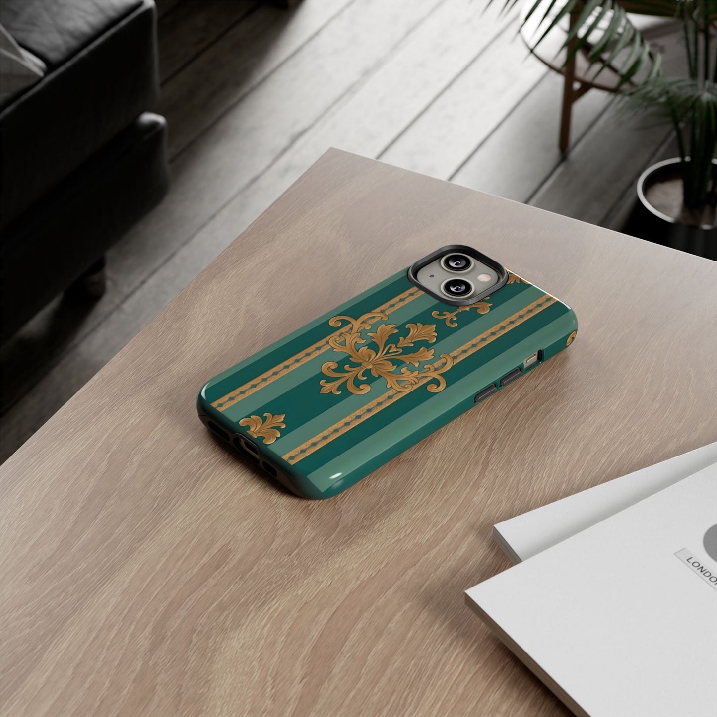 Elegant Floral Motif Phone Case - Tough Cases with Vintage Design - Teal Striped Gold Damask