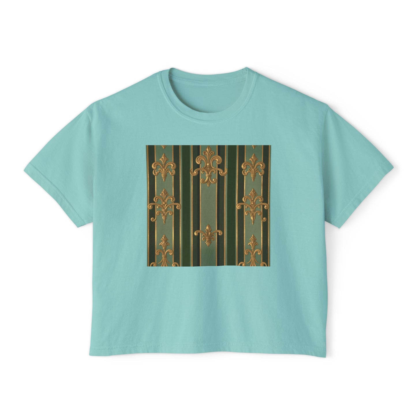 Vintage-Inspired Women's Boxy Tee | Relaxed Fit Shirt for Casual Outings, Everyday Wear, Birthday Gift - Green Striped Gold Baroque