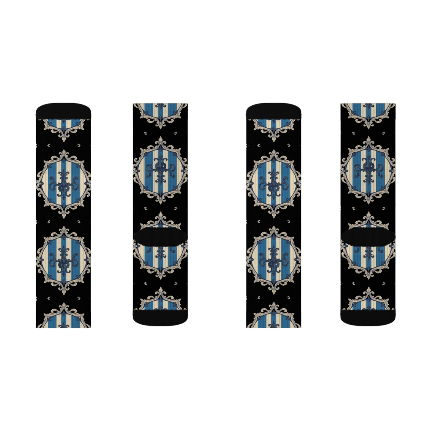 Chic Blue & Alabaster Striped Baroque Patterned Socks for Cozy Fashion, Sublimation Socks, Unique Gift for Her, Stylish Wardrobe Addition