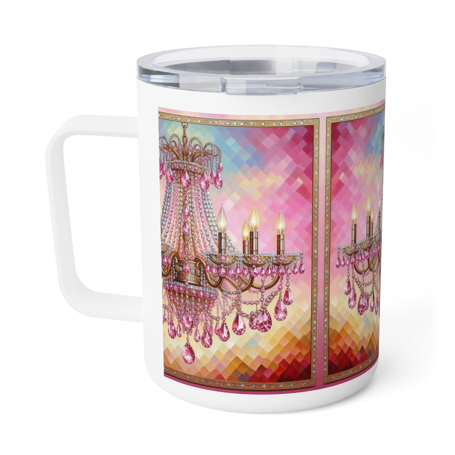 Elegant Chandelier Insulated Coffee Mug, 10oz - Perfect Gift for Coffee Lovers, Home Decor, Housewarming, Birthday, Wedding - Pink Jeweled Chandelier