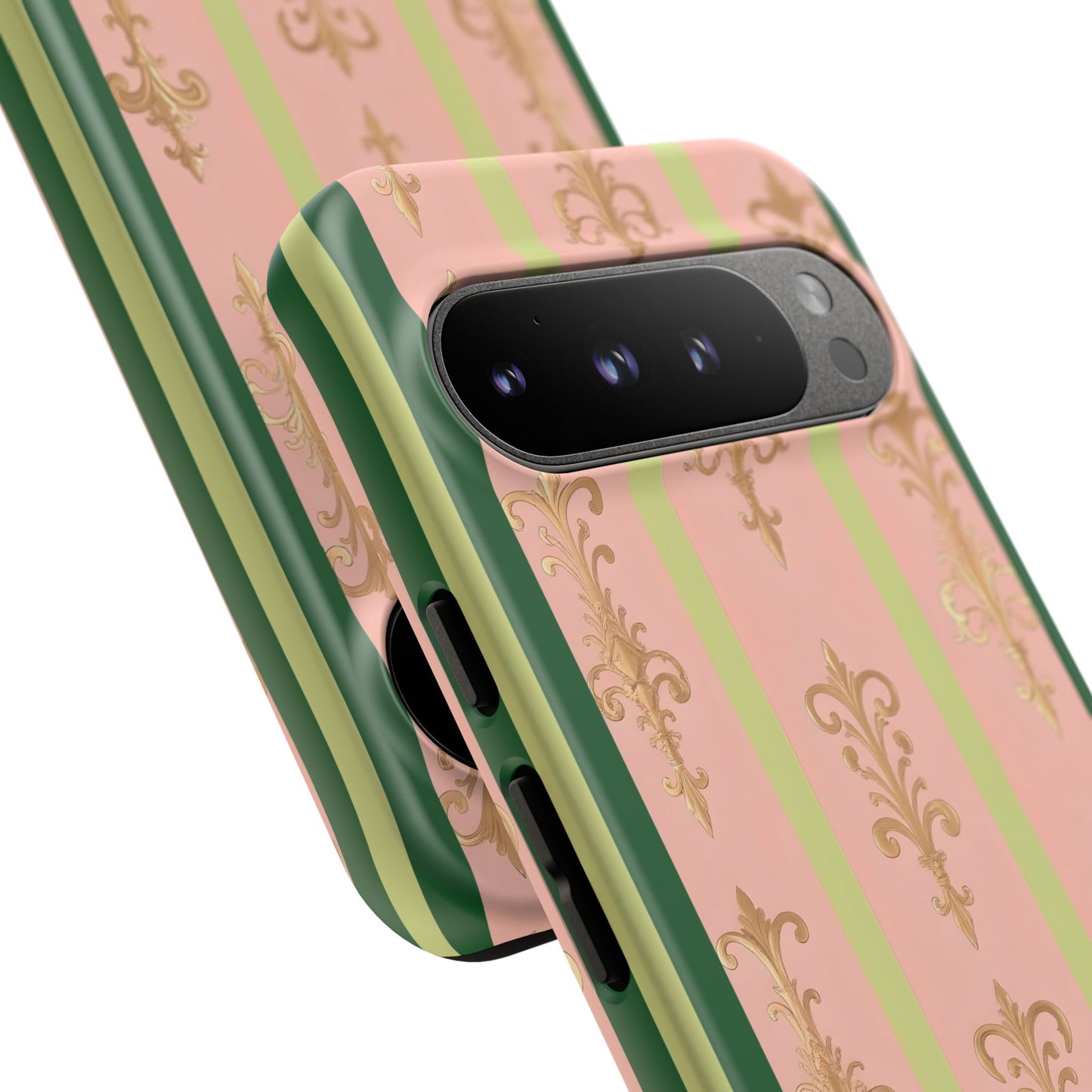 Elegant Floral Motif Phone Case - Tough Cases with Vintage Design - Lime Green & Pink Striped Damask