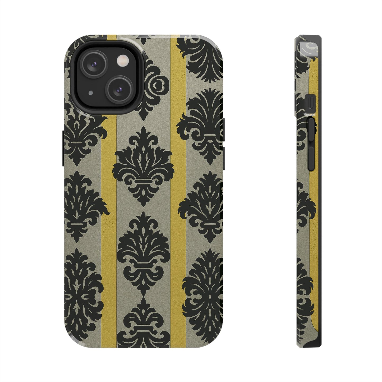 Elegant Baroque Tough Phone Cases | Chic Phone Protection | Gift for Her | Stylish Accessory | Holiday Gift Idea | Silver & Gold Striped Black Baroque