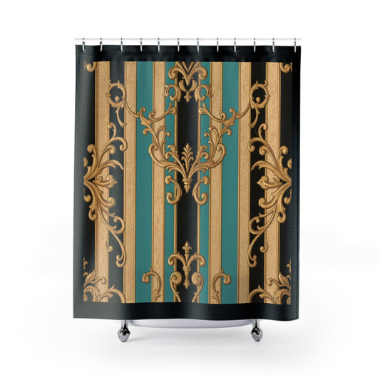 Elegant Black, Tan & Ocean Green Striped Gold Baroque Vintage Shower Curtain, Bathroom Décor, Luxurious Home Accessory, Gift for Housewarming