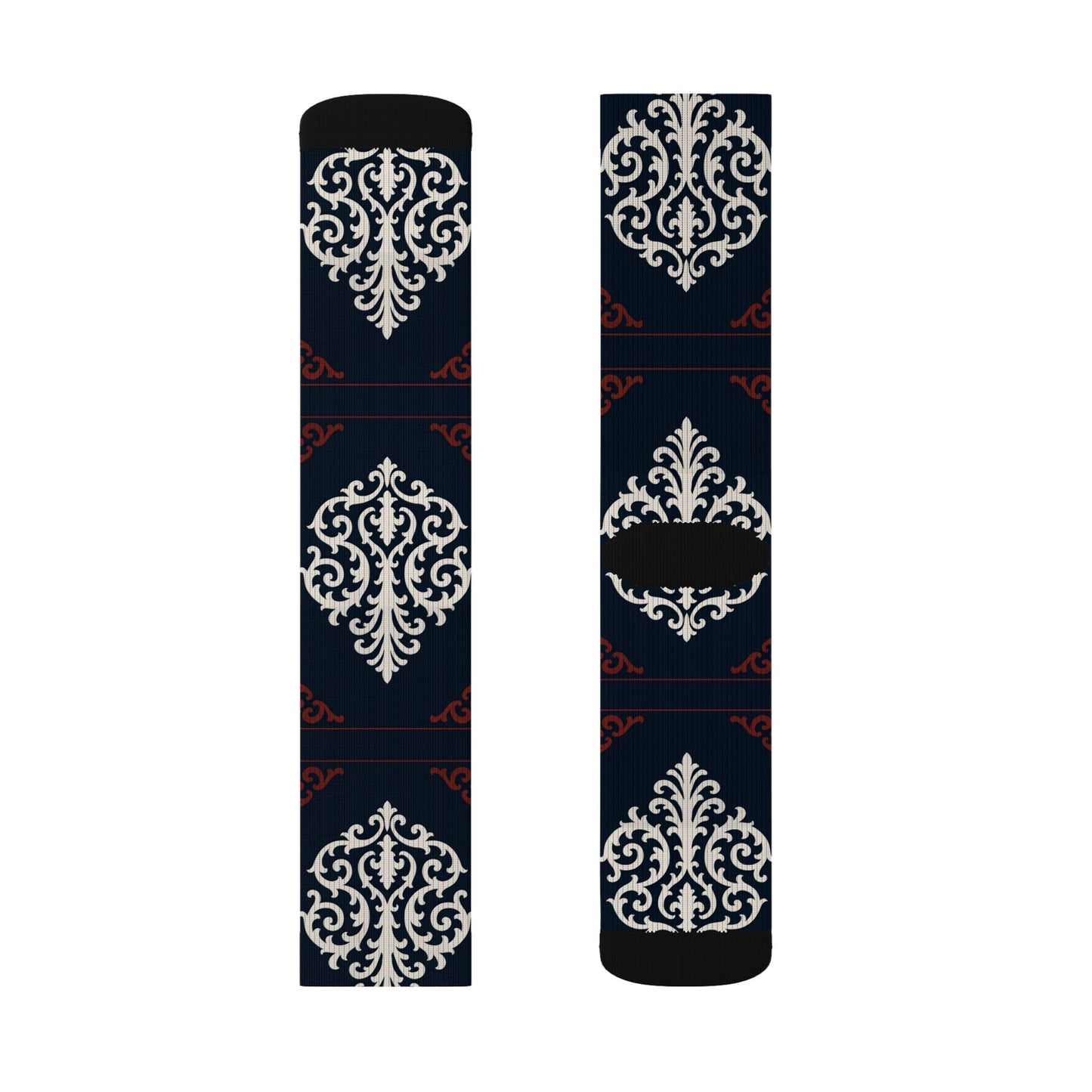 Dusk Blue-Maroon & White Baroque Pattern Sublimation Socks — Dusk Blue & White Ornate Crew Socks