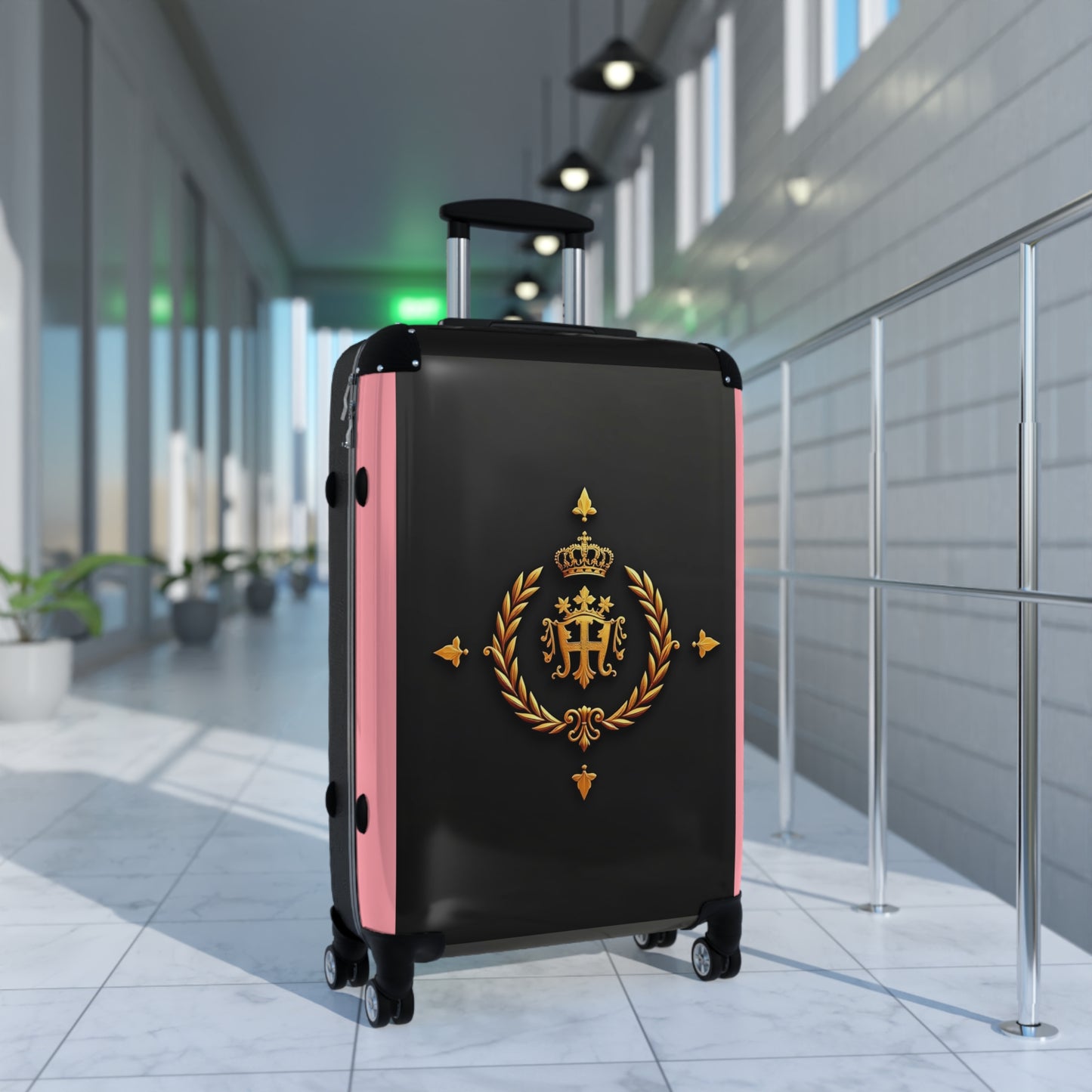 Regal Crown Suitcase, Stylish Travel Luggage, Vacation Essentials, Personalized Carry-On, Unique Gift for Travelers - Pink Striped Gold Crest