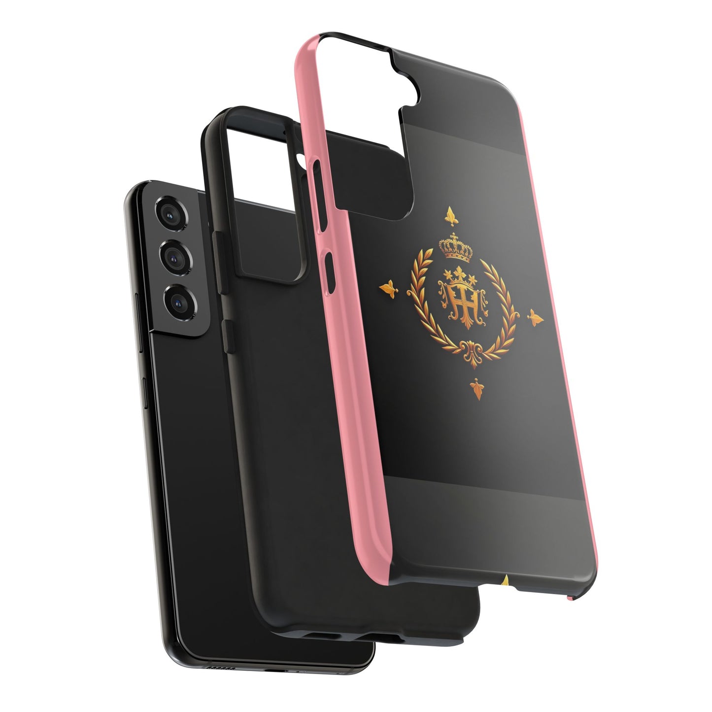 Tough Phone Case with Regal Design - Elegant Phone Protection, Gift for Him/Her, Royalty Inspired - Pink Striped Gold Crest