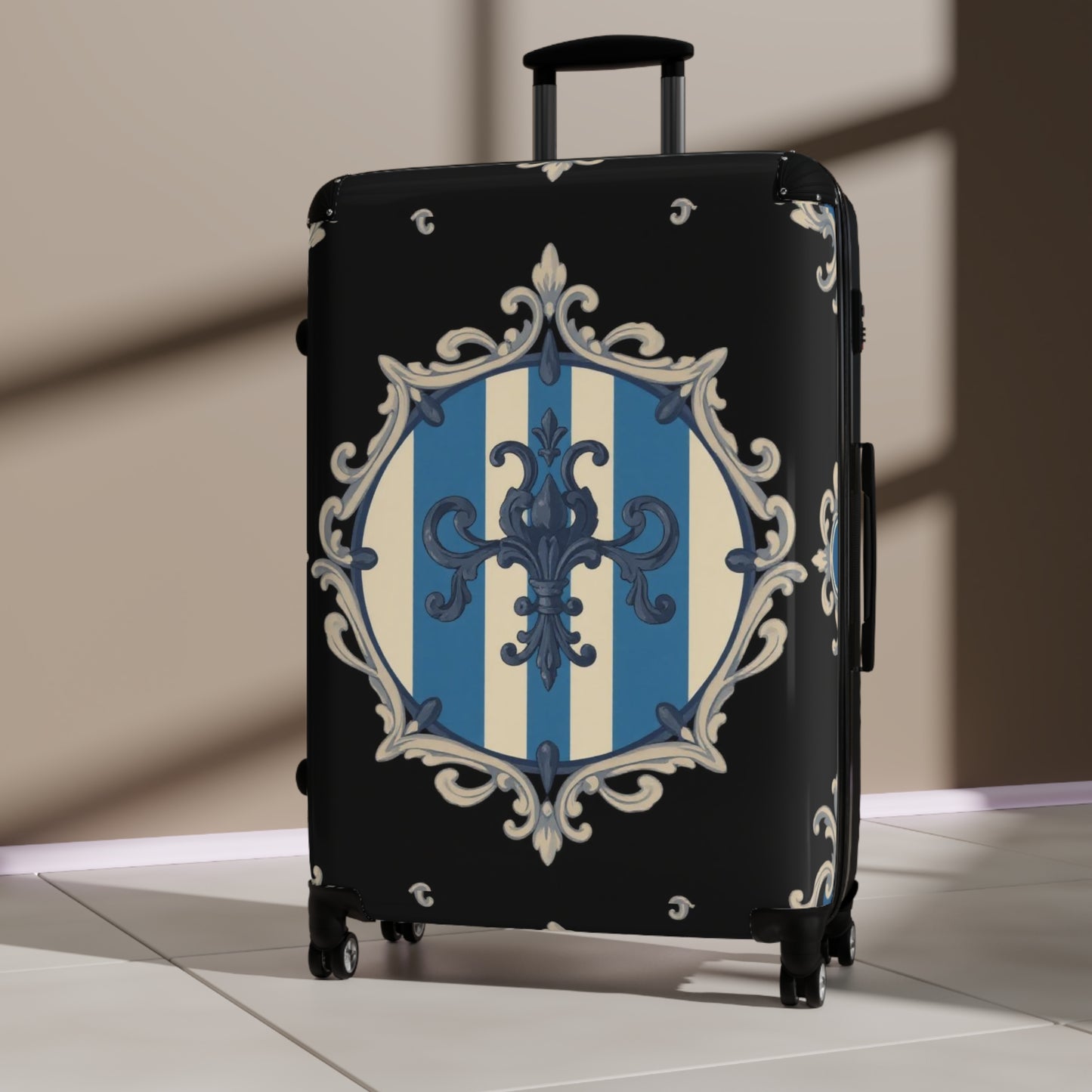 Elegant Blue & Alabaster Striped Baroque Travel Suitcase, Stylish Luggage, Personalized Travel Bag, Chic Weekender Bag, Vacation Essentials