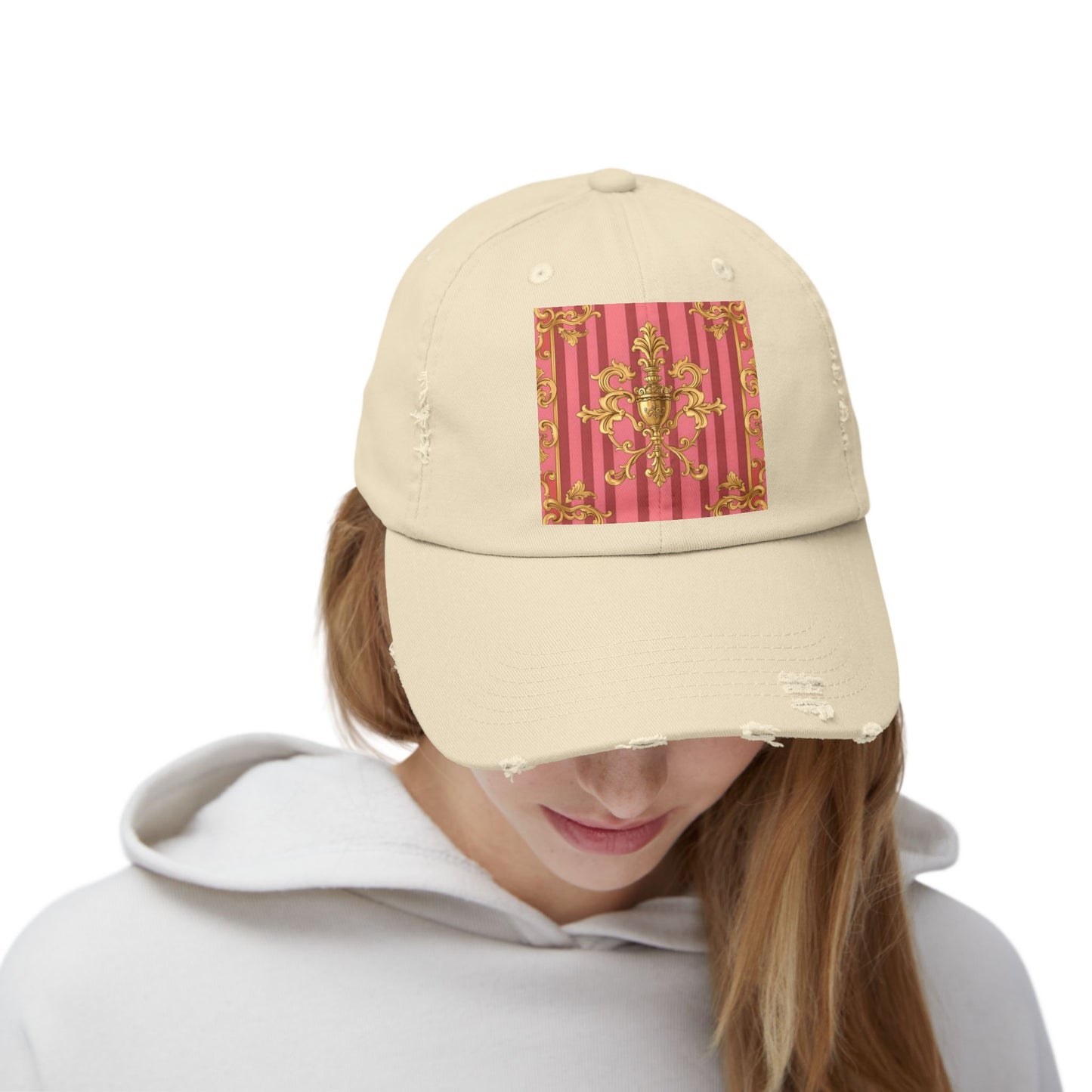 Chic Distressed Unisex Cap - Trendy Accessories for Style Lovers, Everyday Wear, Fashion Statement, Birthday Gift - Pink Striped Gold Baroque