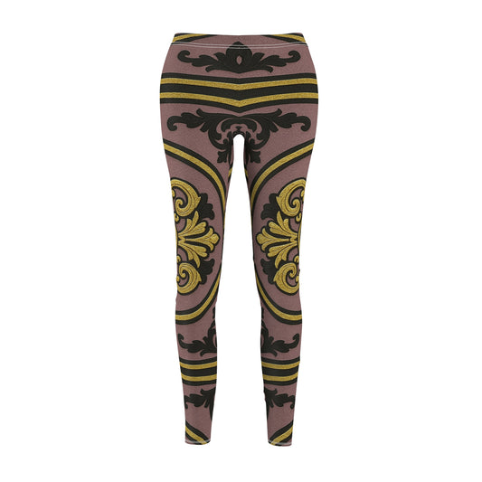 Elegant Gilded Mauve Black-Gold Baroque AOP Women's Casual Leggings - Everyday Wear, Activewear, Unique Gift