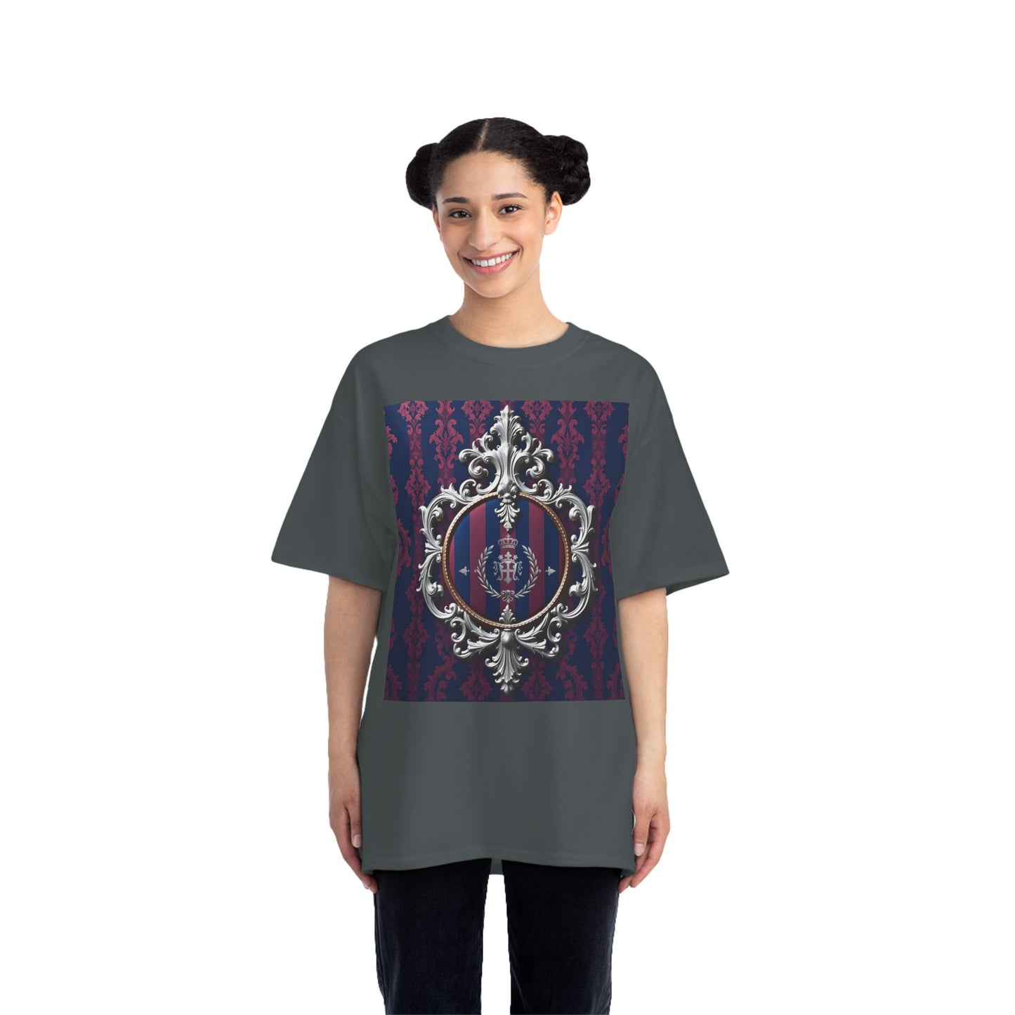 Elegant Unisex Graphic T-Shirt - Vintage Inspired, Casual Wear, Unique Gift, Art Tee, Fashion Statement - Blue & Plum Striped Silver Crest