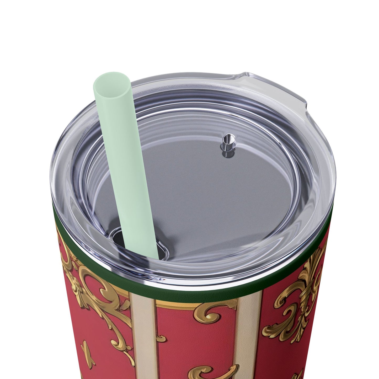 Elegant Green Border Pink Striped Baroque Skinny Tumbler with Straw, Reusable Travel Mug, Gift for Her, Fashionable Drinkware
