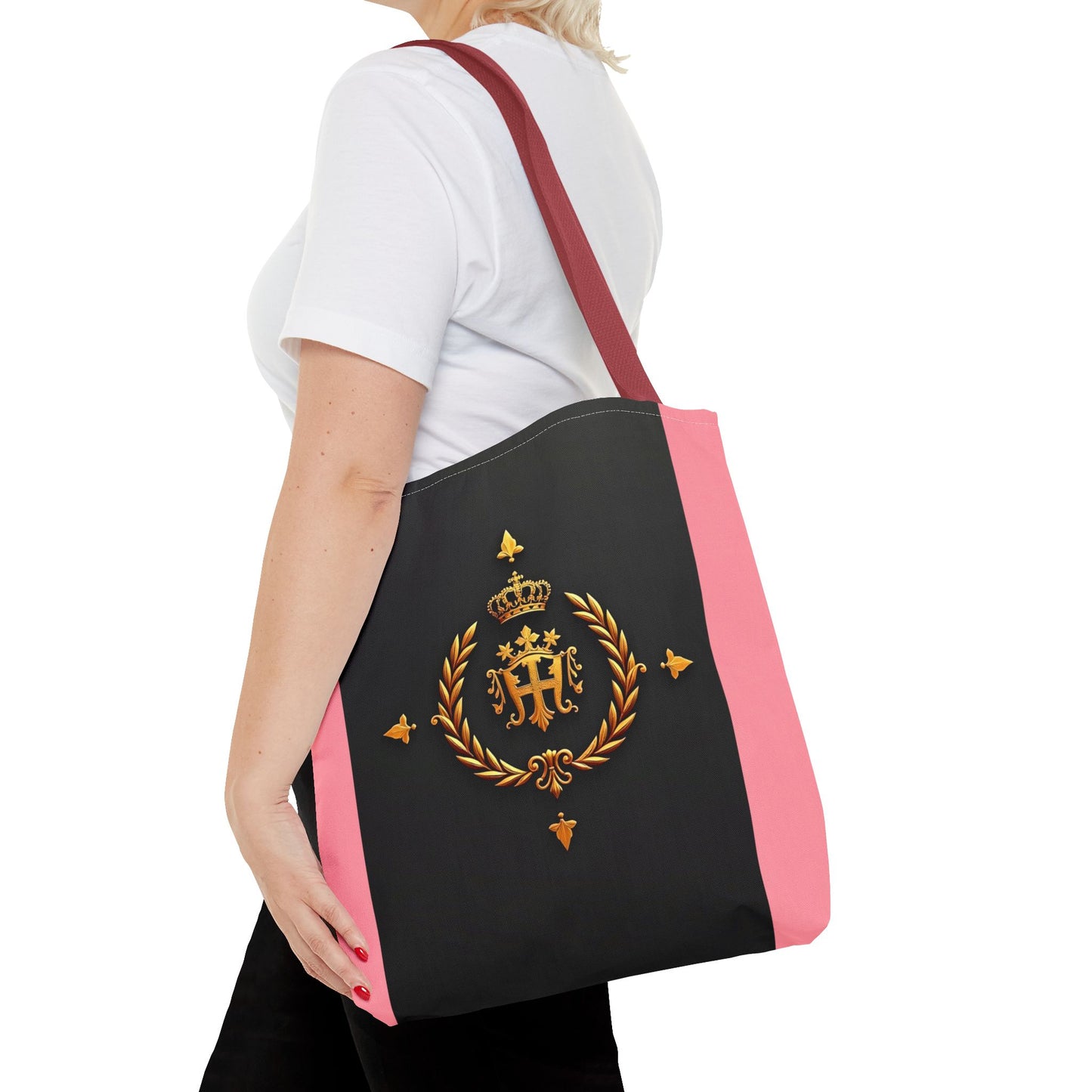 Elegant Monogrammed Tote Bag - Chic Shopper, Eco-Friendly Carryall, Personalized Gift, Stylish Accessory - Pink Striped Gold Crest