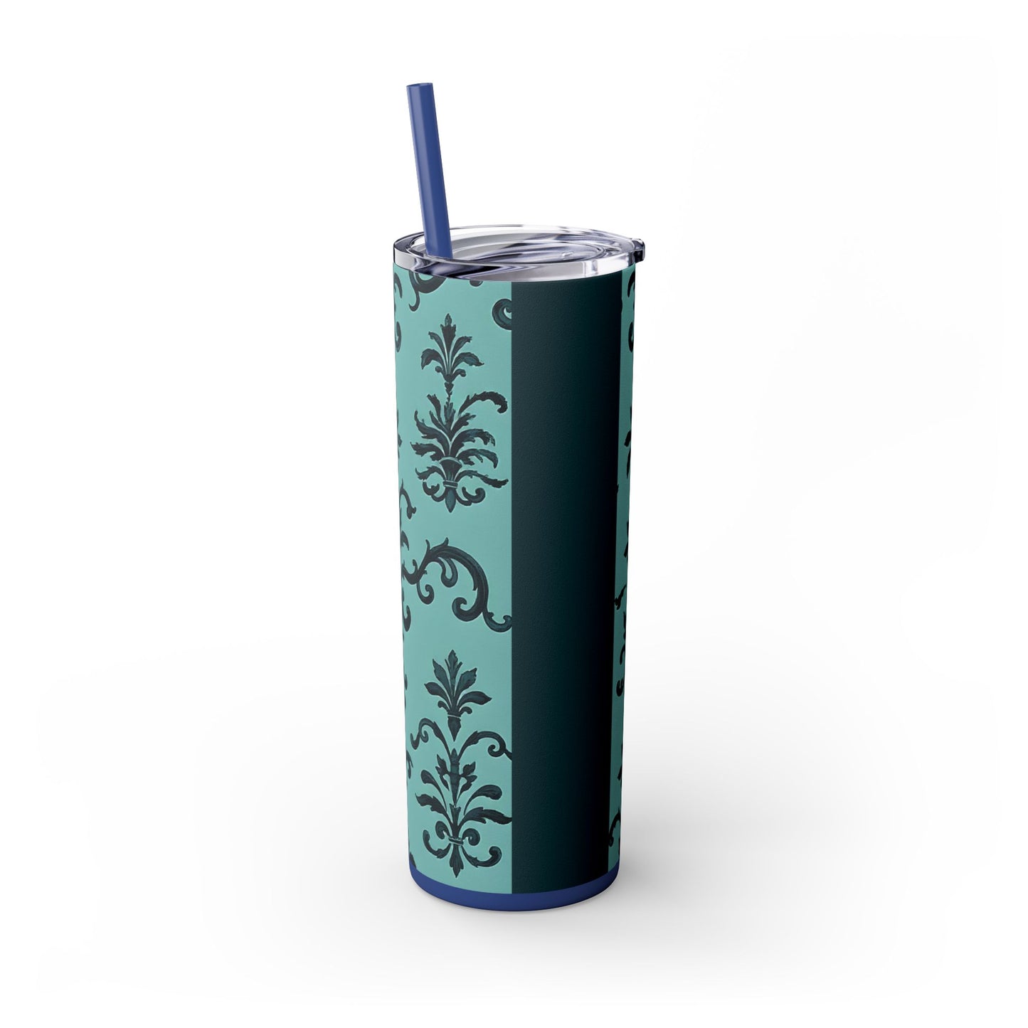Elegant Floral Skinny Tumbler with Straw, 20oz, Personalized Drinkware, Stylish Travel Mug, Great Gift for Her - Teal Striped Rococo