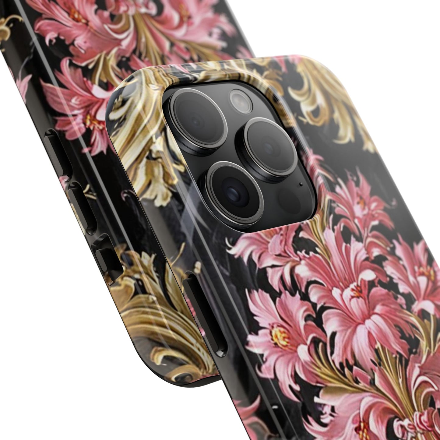 Elegant Floral Tough Phone Cases | Stylish Protection for Her | Gift for Birthdays - Black & Pink Oil Painting Style Rococo