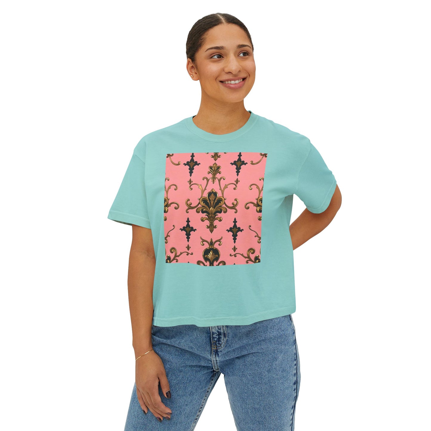 Vintage Floral Women's Boxy Tee, Casual Summer Top, Retro Fashion, Gifts for Her - Pink, Black & Gold Rococo