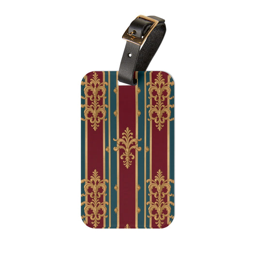 Elegant Vintage Luggage Tag | Travel Accessory, Gift for Travelers, Unique Luggage Identifier, Airline Bag Tag - Burgundy Striped Gold Baroque