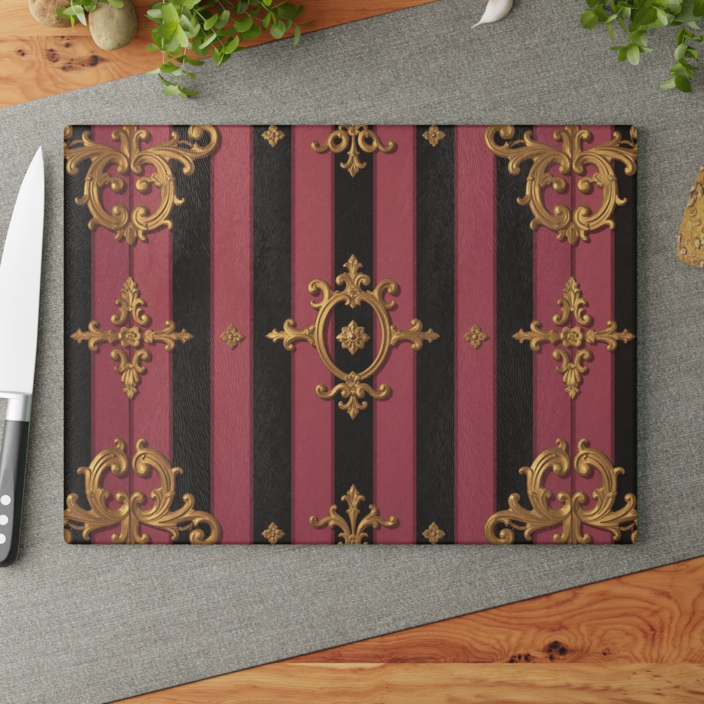 Elegant Black & Mauve Striped Gold Baroque Glass Cutting Board, Gift for Home Cooks, Unique Wedding Present, Stylish Food Prep Surface