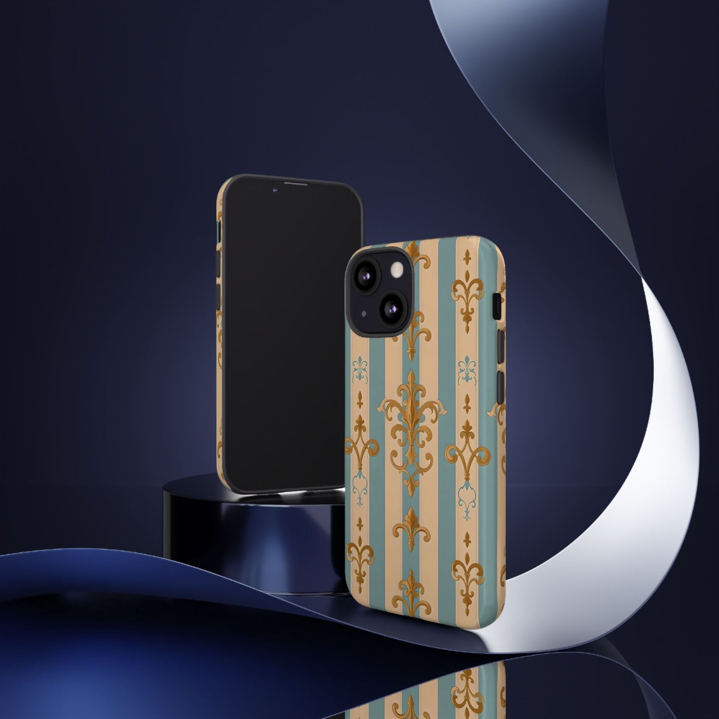 Elegant Floral Motif Phone Case - Tough Cases with Vintage Design -  Beige & Sky Blue Striped Gold Damask