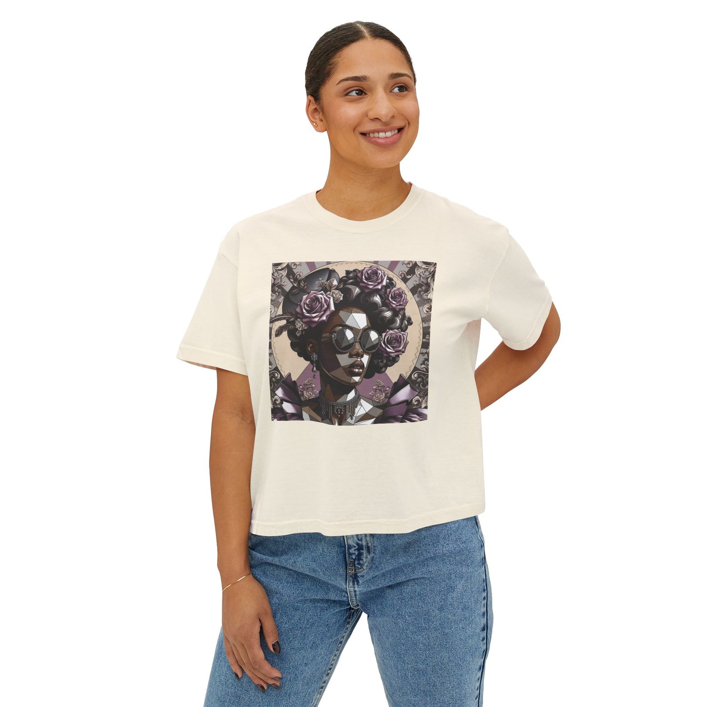 Afro Art Women's Boxy Tee, Casual Summer Fashion, Poly Art Style Top, Gifts for Her, Festival Wear - Lilac Baroque Lady
