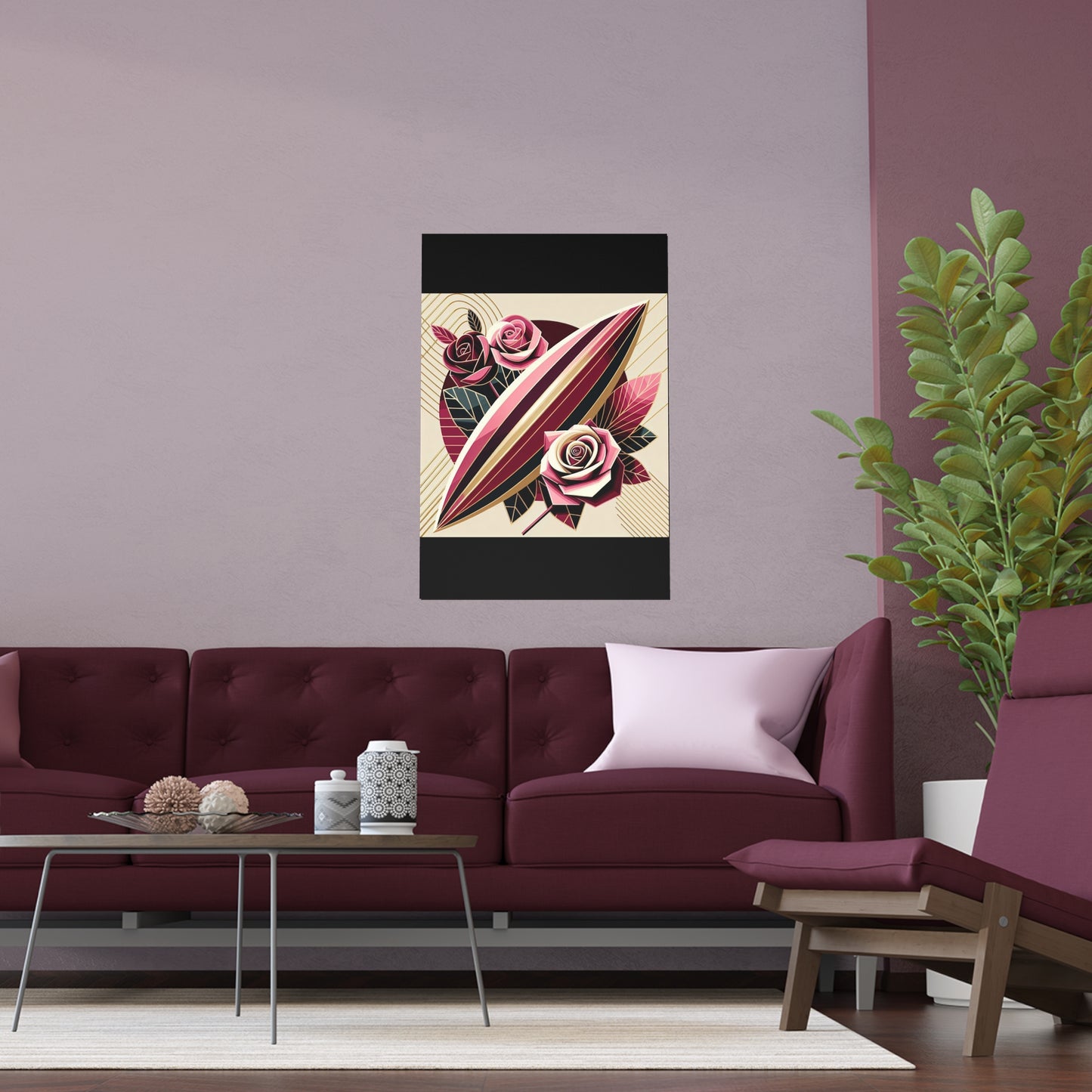 Elegant Floral Silk Poster - Indoor/Outdoor Wall Art for Home Decor - Pink & Burgundy Striped Surfboard & Roses