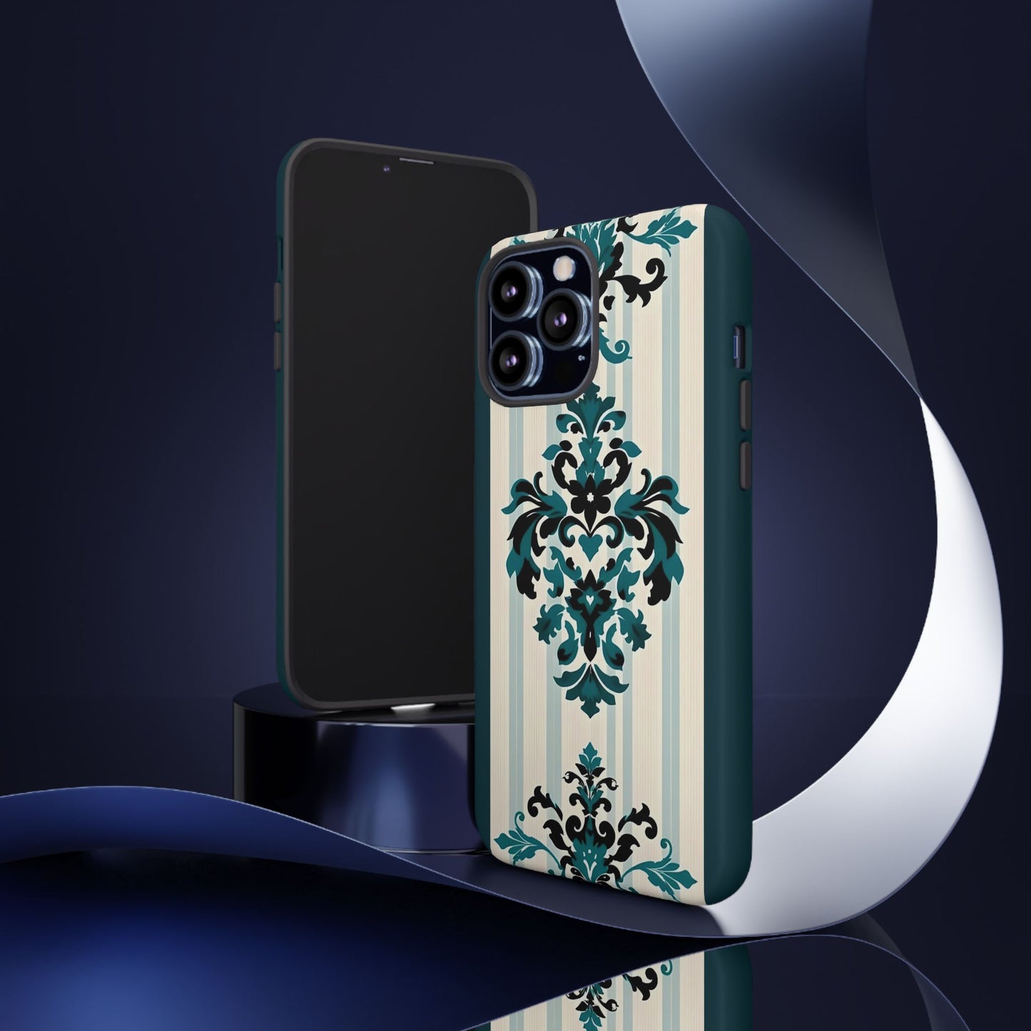 Elegant Floral Phone Case - Tough Cases with Vintage Design - Teal Striped Damask