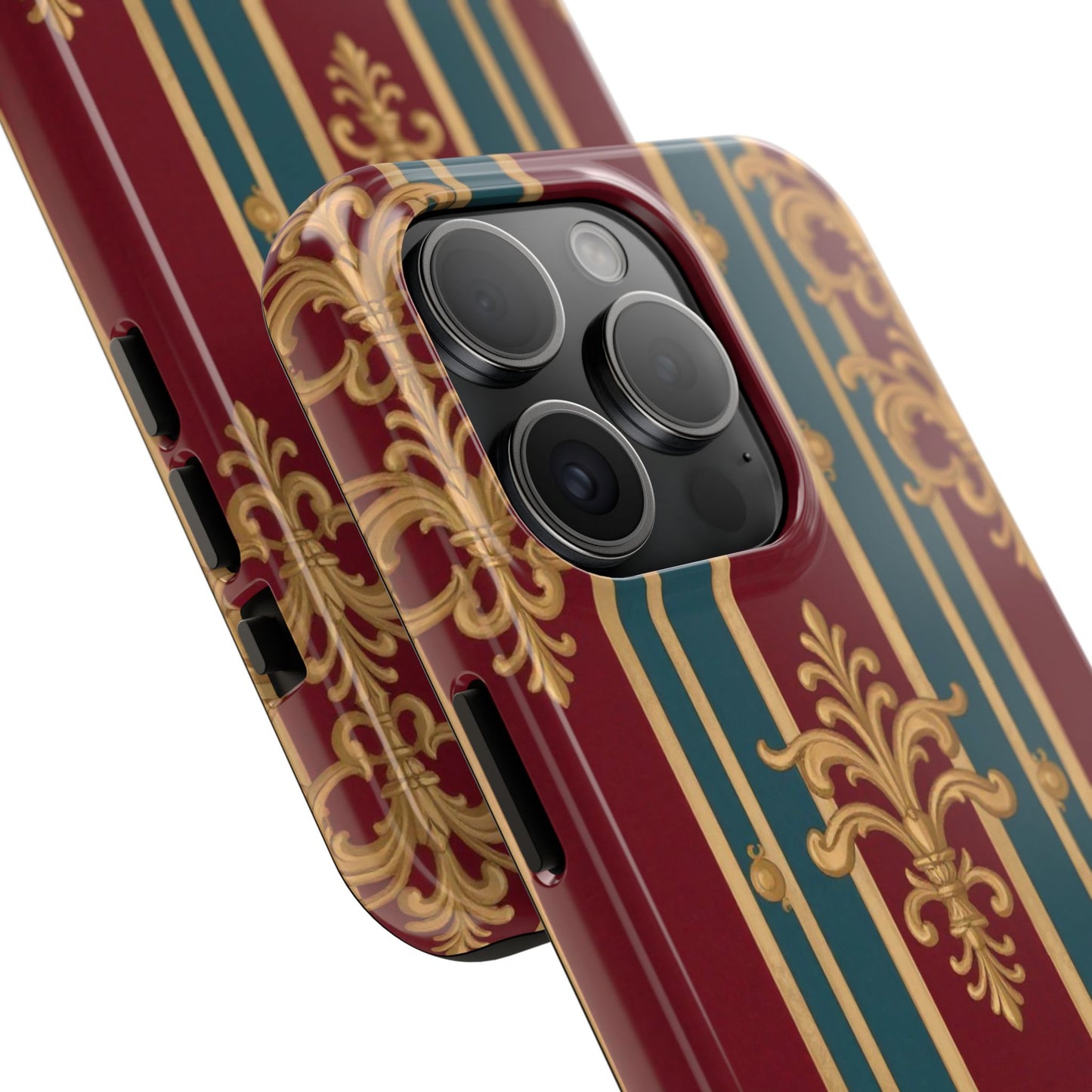 Elegant Vintage Tough Phone Case, Luxury Phone Protection, Stylish Phone Cover, Durable Phone Accessory - Burgundy Striped Gold Baroque