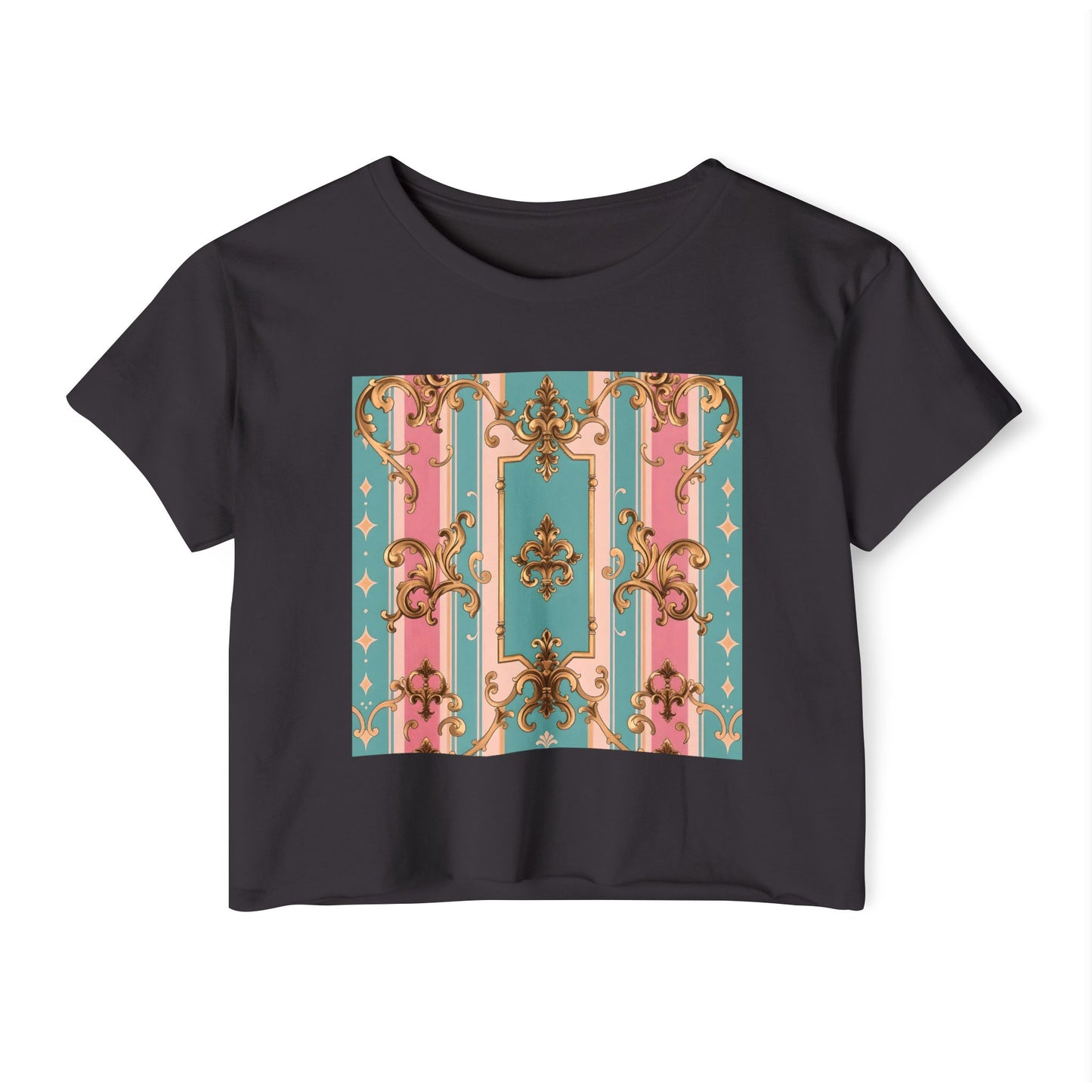 Rococo Festival Crop Top, Summer Crop Tee, Music Festival Clothing, Trendy Women's Fashion - Pink & Matte Turquoise Striped Rococo