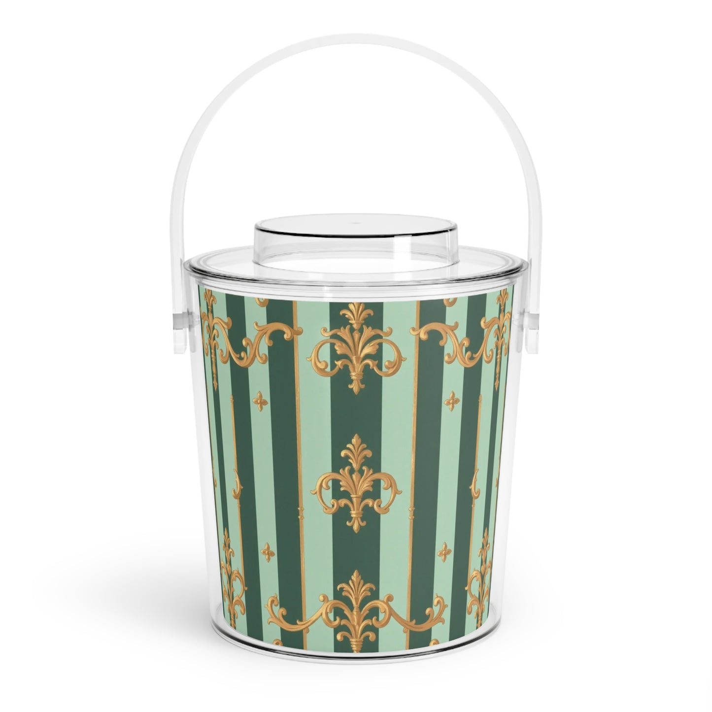 Elegant Vintage Ice Bucket with Tongs | Perfect for Parties, Weddings, Home Bars, Entertaining, Gifts - Mint Green & Teal Striped Gold Baroque