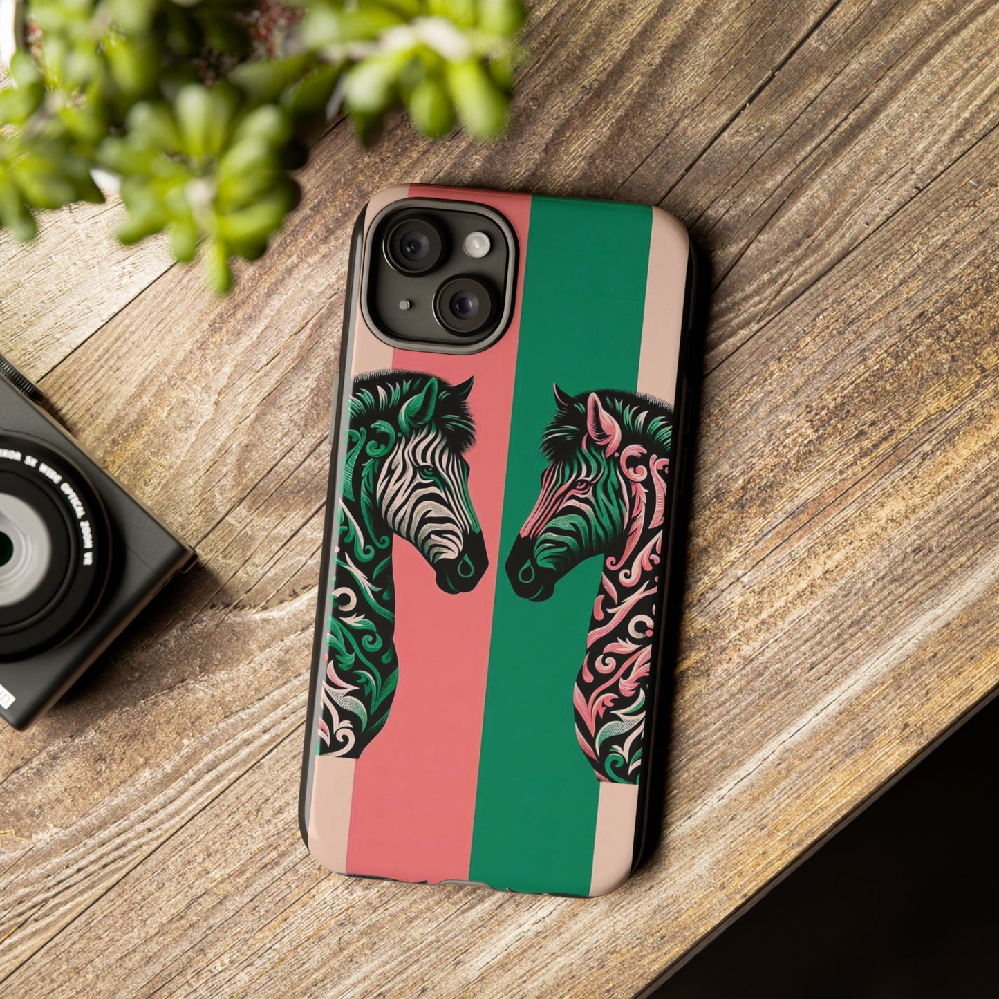 Phone Case - Elegant Pink & Green Zebra Damask Design