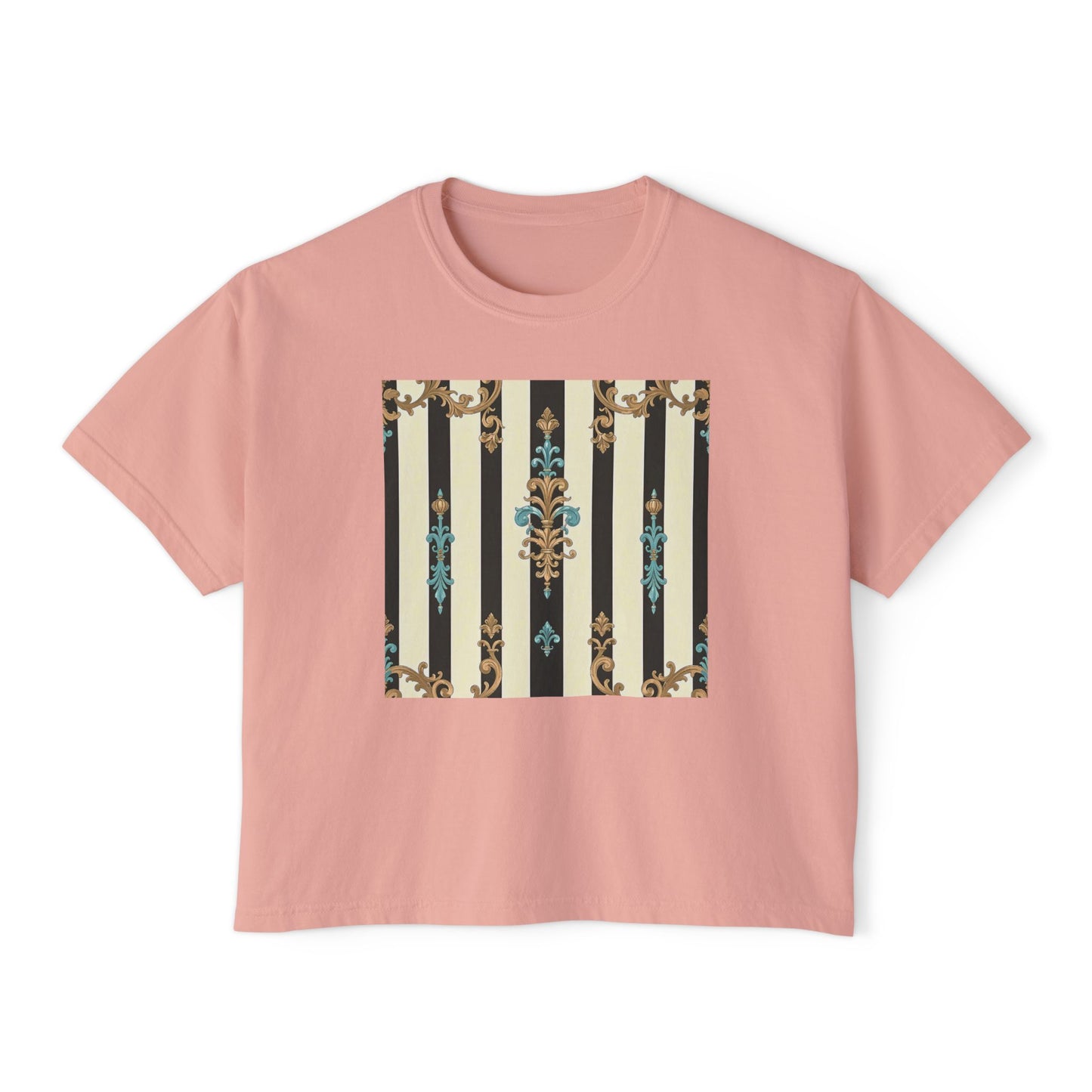 Women's Boxy Tee with Vintage Floral Design, Casual Tee, Summer Top, Gift for Her, Trendy T-Shirt - Black Striped Turquoise & Black Rococo