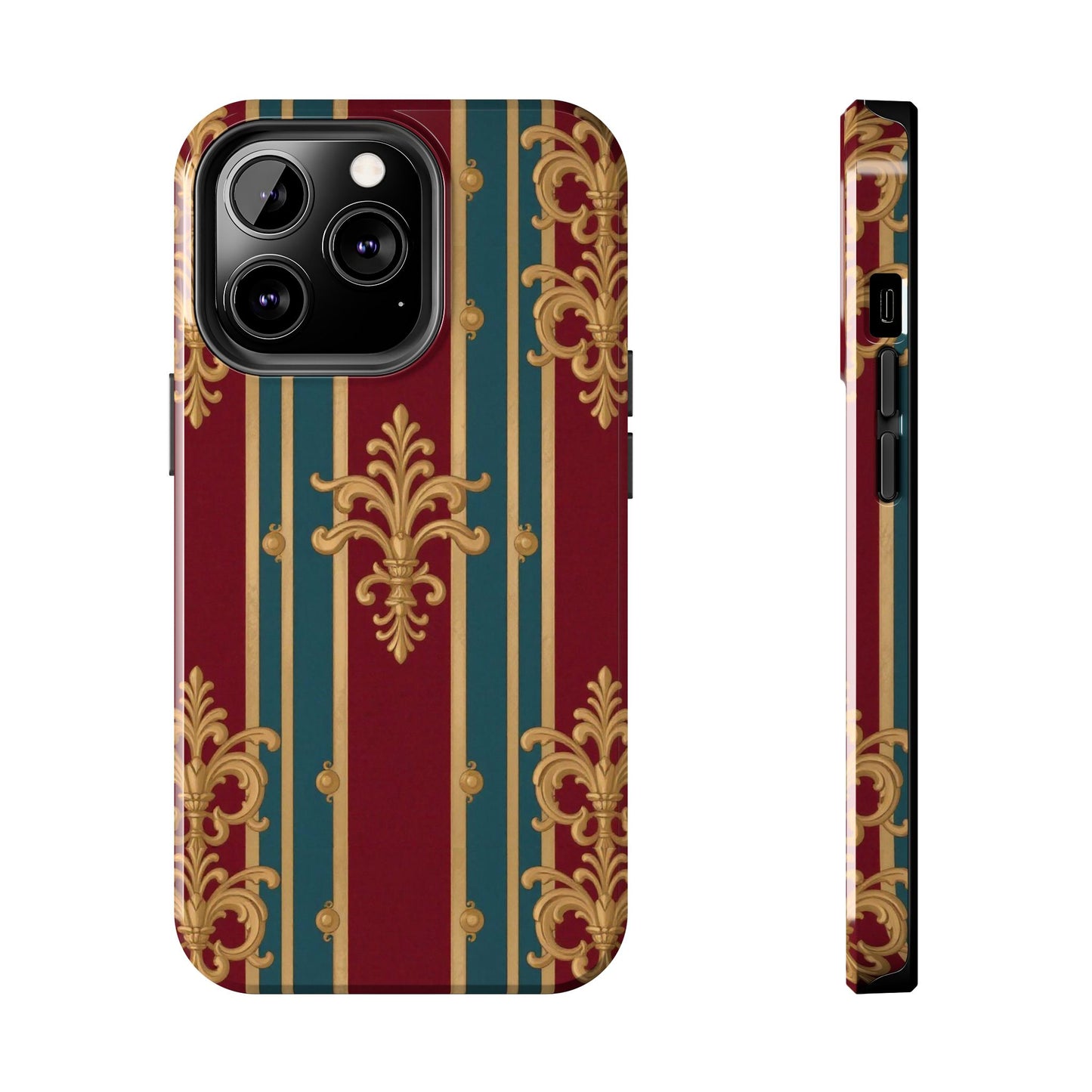Elegant Vintage Tough Phone Case, Luxury Phone Protection, Stylish Phone Cover, Durable Phone Accessory - Burgundy Striped Gold Baroque